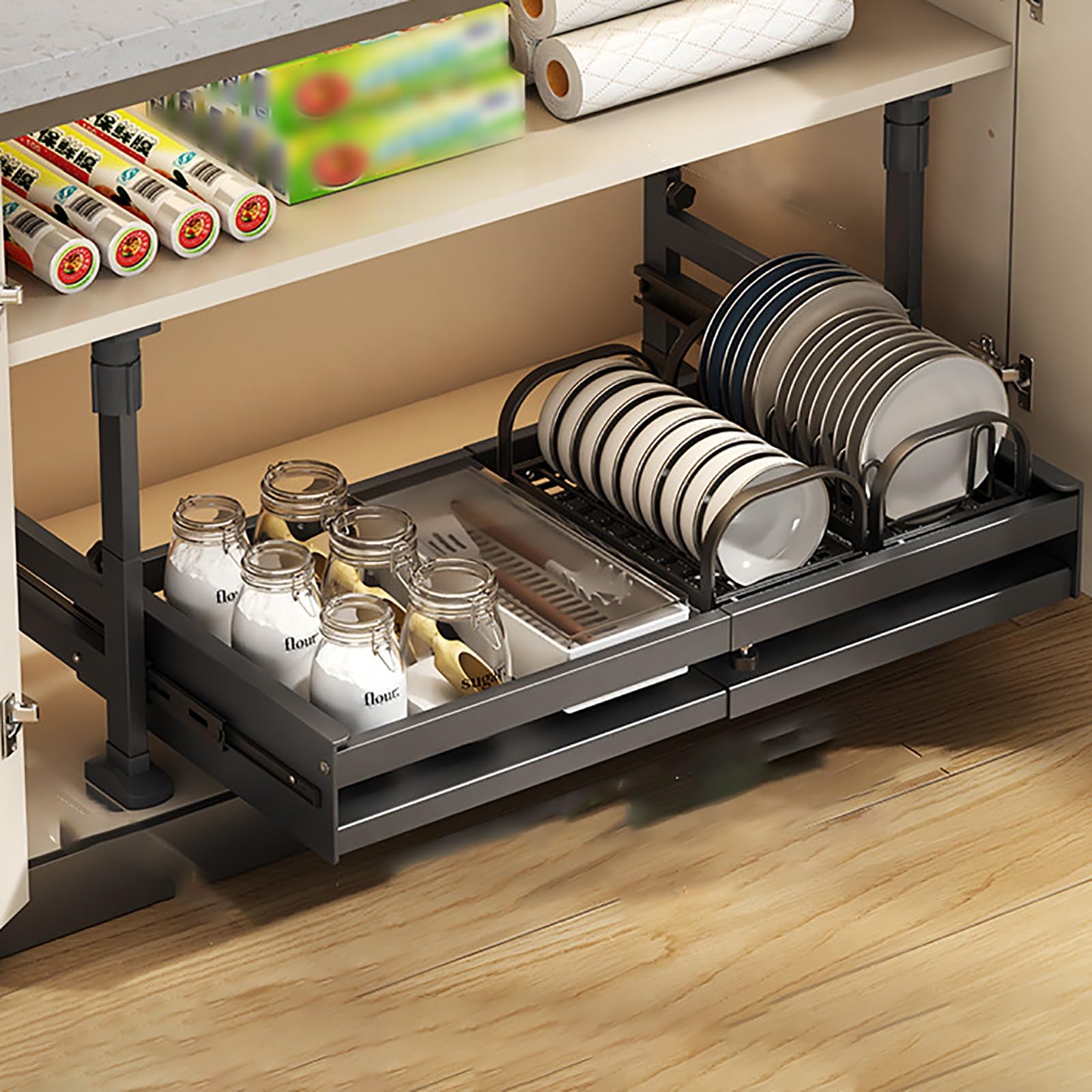 Pull out kitchen cabinet organizers,sliding drawers for kitchen cupboard,Pull Out Cabinet Organiser Slide Out Drawers,No Need Drill and Nailing,for Kitchen Cupboard Cabinet. ( Color : Black , Size : S