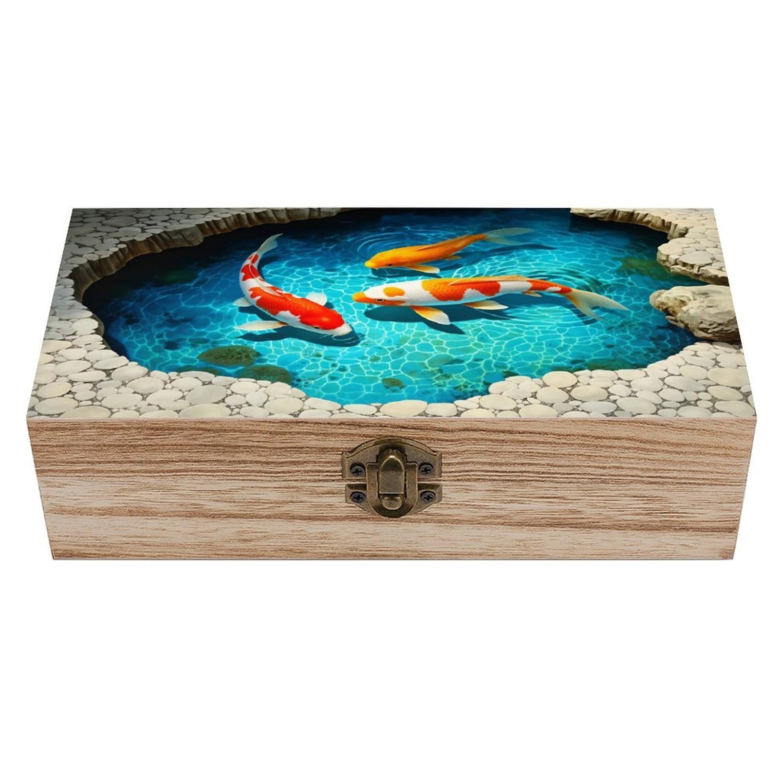 SMAZDFXX Koi Fish Wooden Keepsake Box Vintage Solid Wood with Hinged Lid 7.9"×3.7"×2.3" Metal Latch Rustic Home Decor for Jewelry Photos And Trinkets