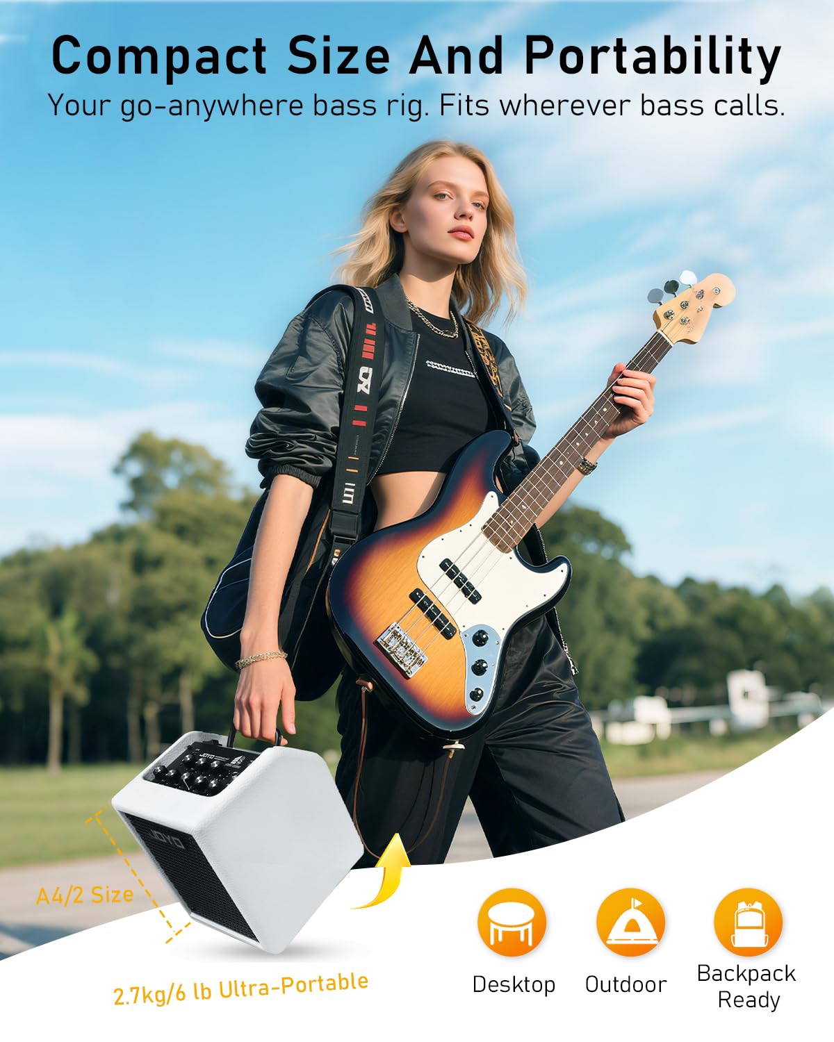 JOYO Amplificatore combinato da 30 W, amplificatore portatile da 4 pollici con EQ a 3 bande e compressore | Bluetooth 5.1 + registrazione diretta OTG | Pratica con cuffie per bassisti, concerti