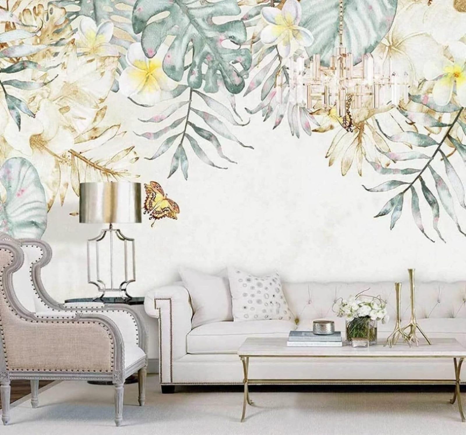 Wallpaper-3D-Xlm 350Cm×256Cm(B×H) Hand Drawn Plants Elegant Flowers Butterflies 3D Wallpaper Easy Install Feature Office Living Room Sofa Bedroom Tv Background Wall Decoration-350Cm×256Cm