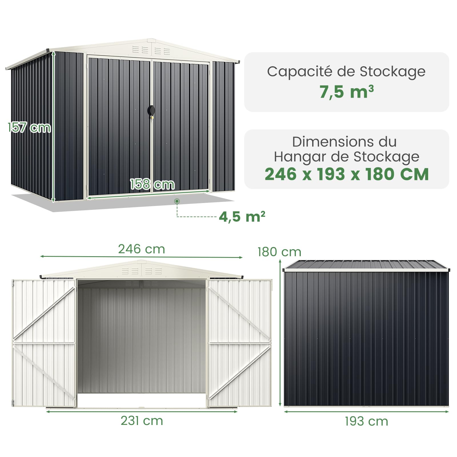 RELAX4LIFE Casetta da Giardino in Metallo 8M³ 5M², 246x193x180CM con Porta Bloccabile, Tetto Inclinato, Finestra di Ventilazione per Attrezzi Biciclette Rifiuti