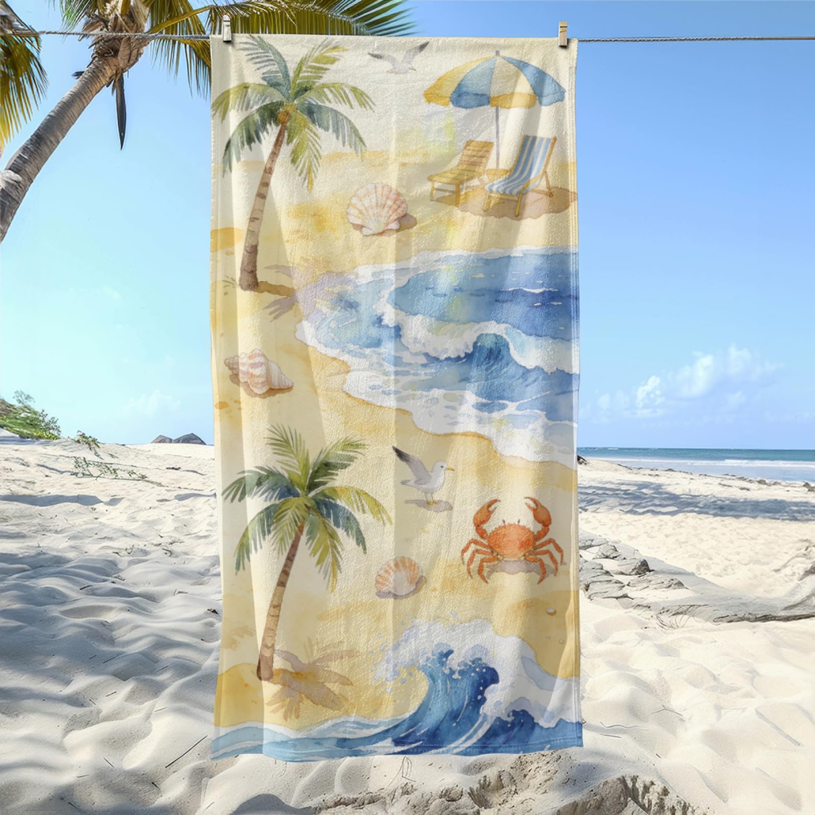 Fouta PlageMer Bleue Plage Jaune Crabe Modèle Surdimensionné avec Diverses Tailles, Respirante et Portable, Parfaite pour Voyages Sorties Piscine et Usage Extérieur Quotidien 90x160 cm