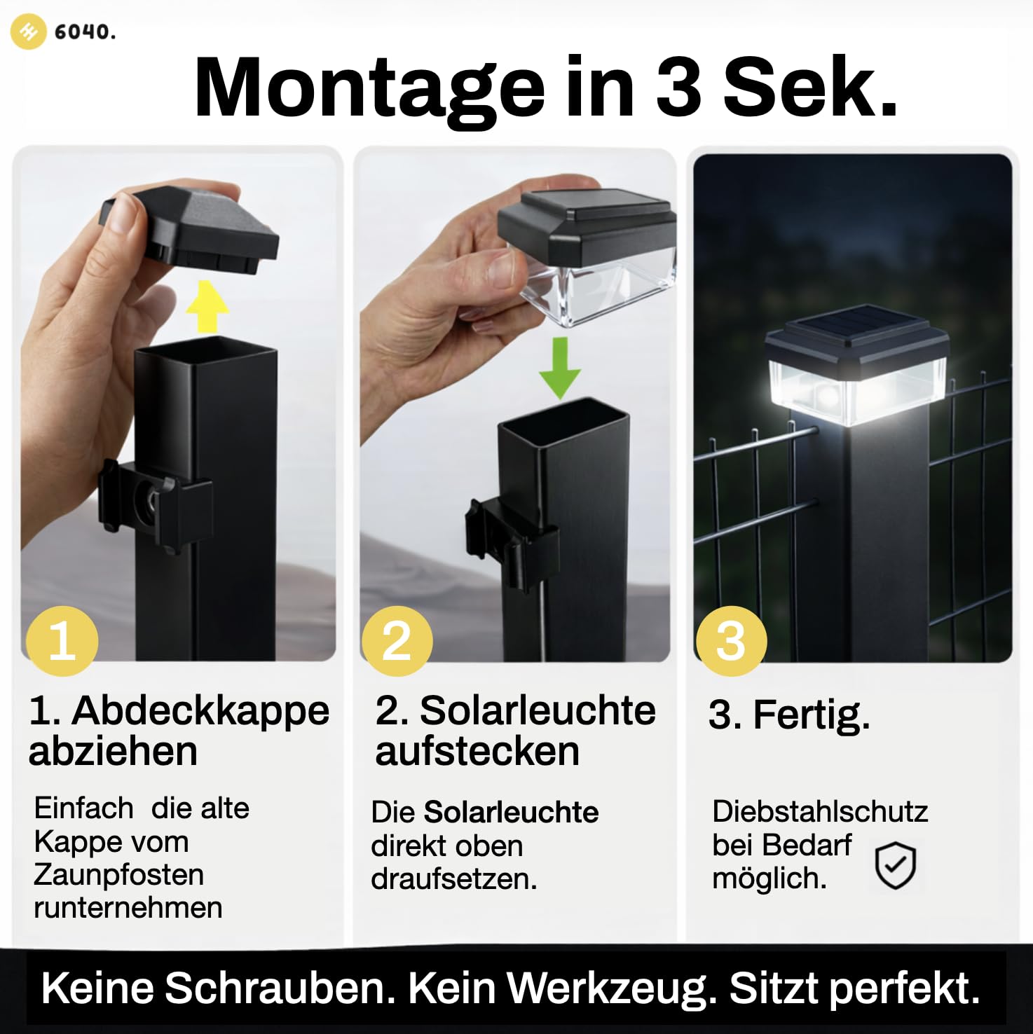 Solar Zaunleuchte LED 6er Pack – Zaunbeleuchtung für Doppelstabmattenzaun Neutralweiß 4000K IP65