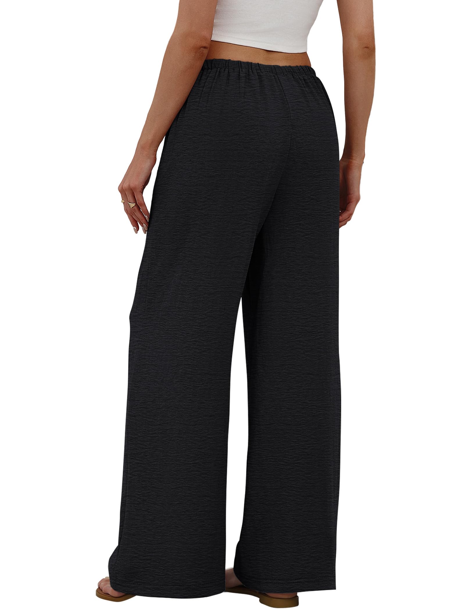 Sampeel Wide Leg Pants for Women Flowy Palazzo Drawstring Elastic Waist Trousers with Pockets Summer Beach Vacation Clothes - 5