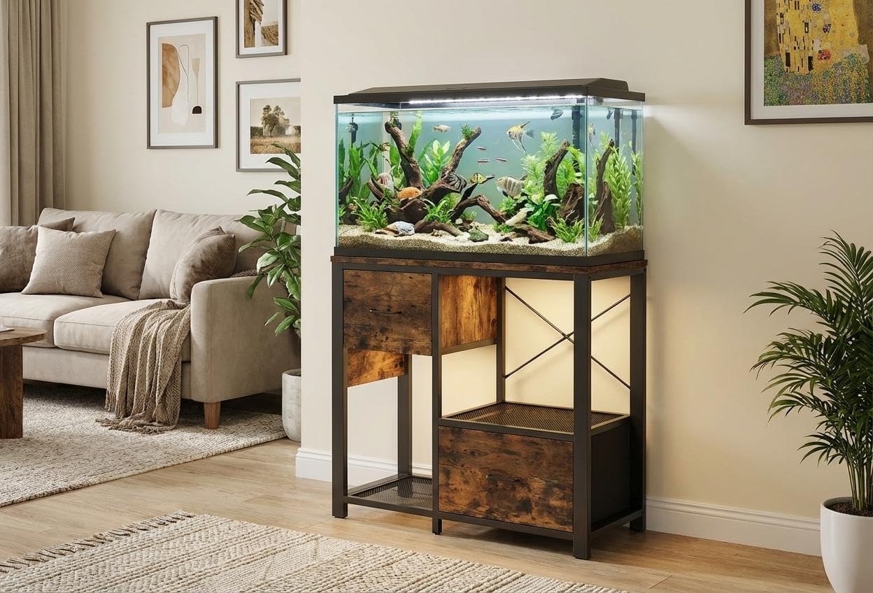 Garvee Aquarium Unterschrank Braun, Stabiler Aquariumschrank mit Metallrahmen, Fisch Tank Schrank mit Stauraum, Holzoptik Möbel für Wohnzimmer und Büro