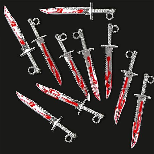 Miniatura 5 de 10 dijes de uñas de daga de aleación 3D para Halloween, cuchillo largo de metal plateado con diseños de sangre, accesorios de uñas de diamantes de
