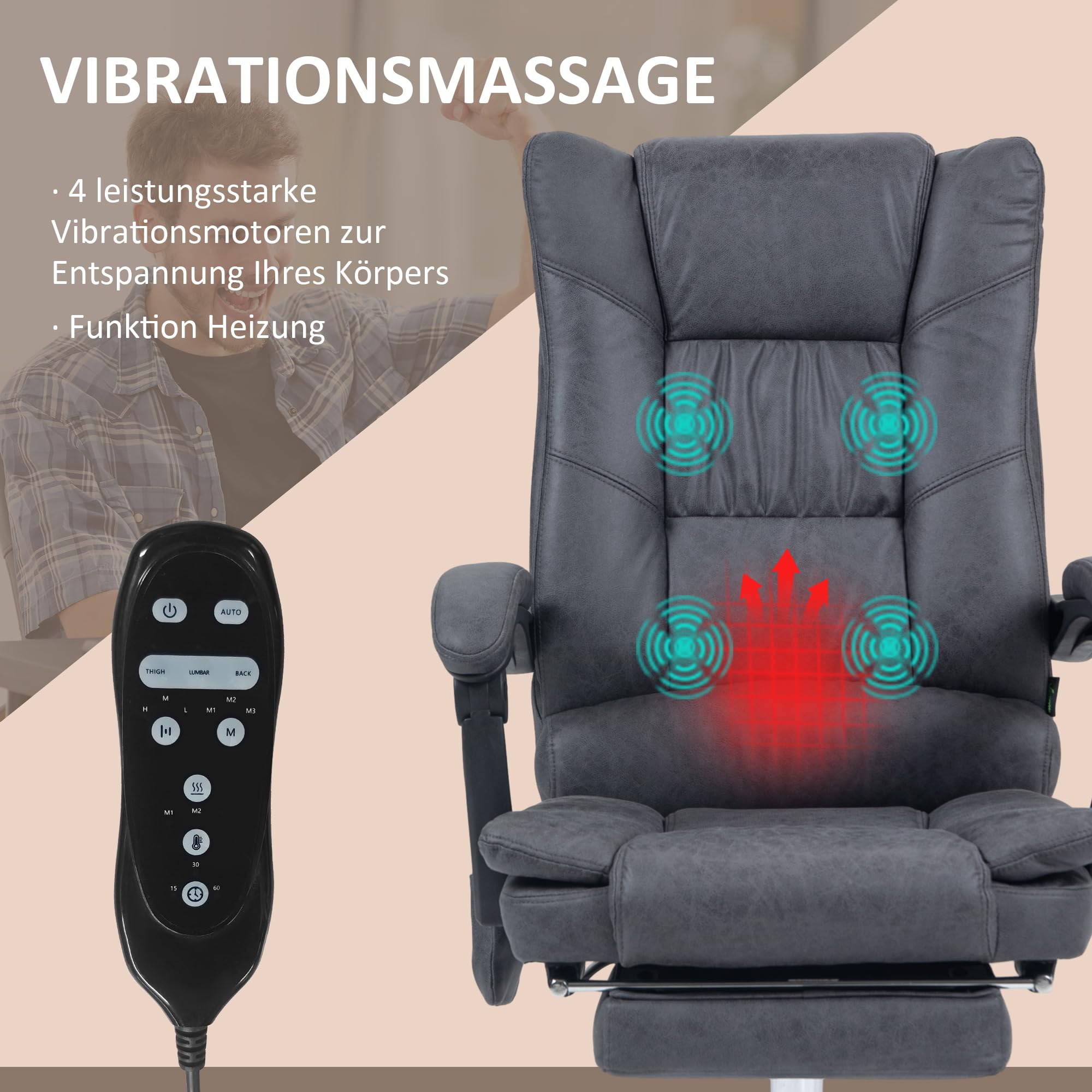 Vinsetto Bürostuhl mit Vibrationsmassage, aus Mikrofaser, Dunkelgrau | Ergonomischer Chefsessel, Lendenwärmer, Schreibtischstuhl, Liegefunktion, Fußstütze, Höhenverstellbar, mit Seitentasche
