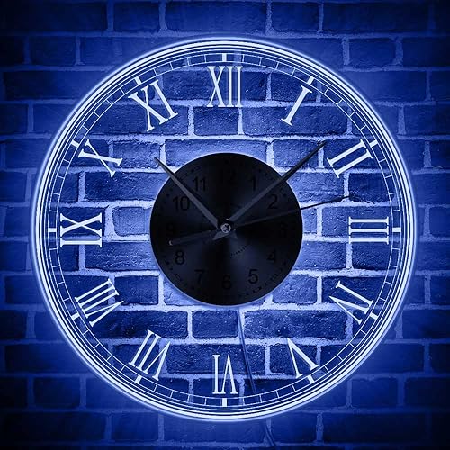 Reloj de pared iluminado con diseño vintage, silencioso, sin tictac, con números romanos, luz nocturna decorativa, con borde LED acrílico, reloj de