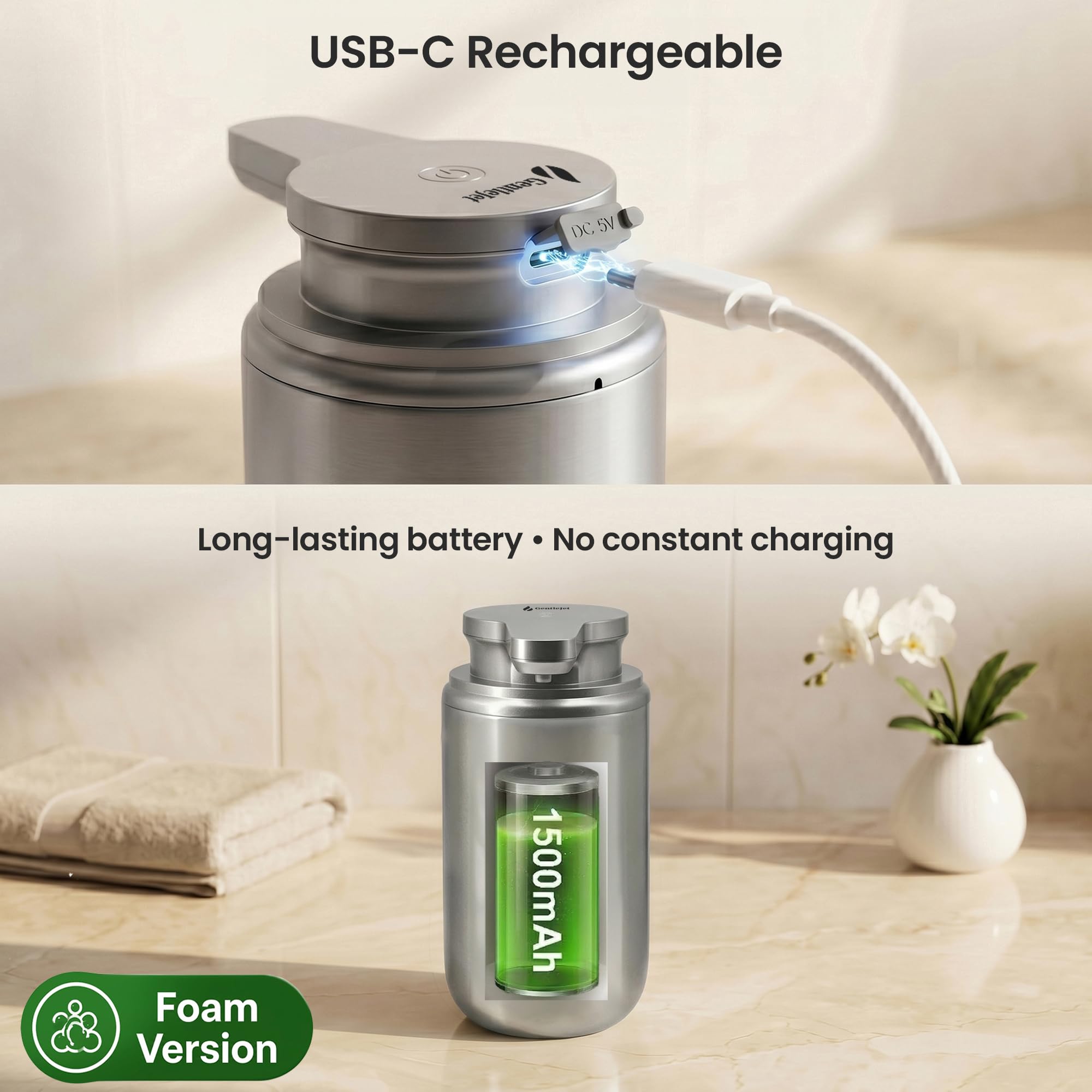 GentleJet SimpleFoam, dispenser automatico di sapone in schiuma, ricaricabile, senza contatto, per bagno o cucina, doppi livelli di schiuma, modalità di pulizia automatica (acciaio spazzolato, 350 ml)