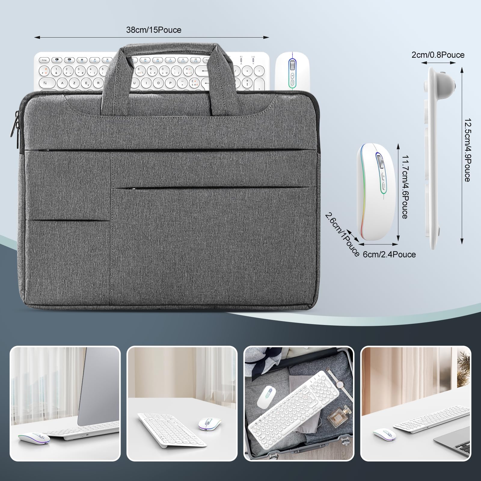 Cimetech Ensemble Clavier Souris sans Fil Rechargeable Multidispositifs (2,4 GHz+BT1+BT2), Combo Clavier Français et Souris avec Pavé Numérique pour Wins/Linux/MacOS (Blanc)