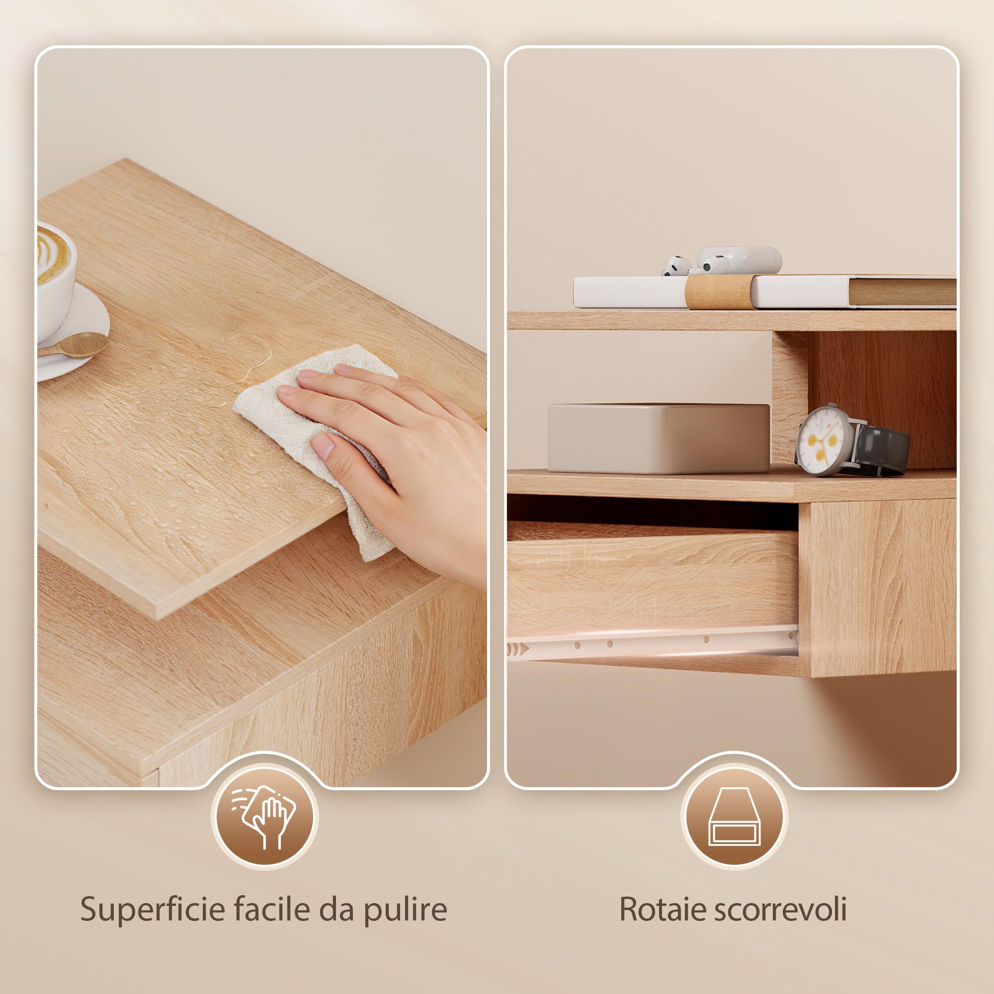 HOMCOM Set da 2 Comodini Sospesi Salvaspazio 35x32x22.5cm Rovere