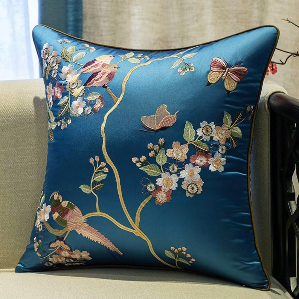 Satin Faux Silk Embroidery Throw Pillow Cover Silky Vintage Chinese Style Cushion Case Couch Bed Living Room Decor 20x20 Inch