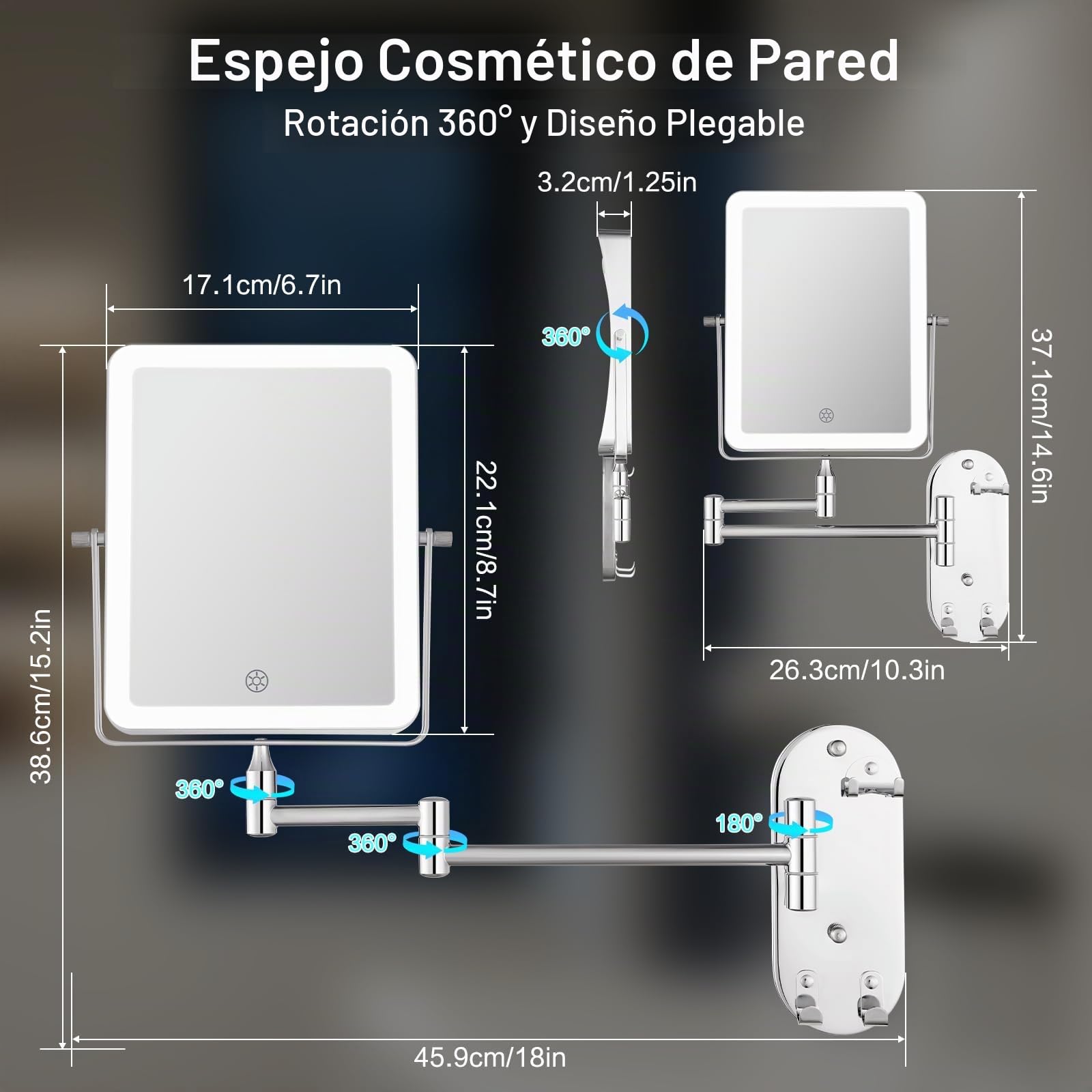 Espejo de Maquillaje con Luz LED Recargable, Espejo de Baño con 3 Colores de Iluminación, Aumento 7X y Brazo Extensible, Giratorio 360°, Espejo de Pared con Atenuación Progresiva y Gancho Integrado