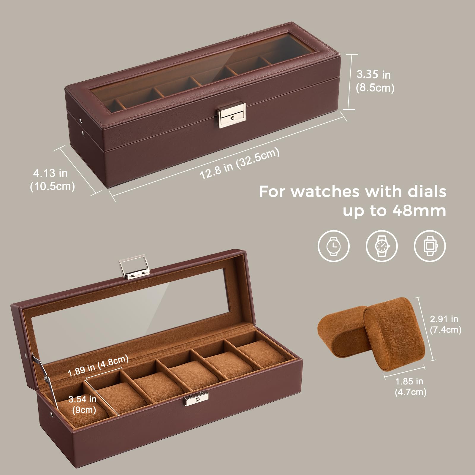 Scatola porta orologi a 6 scomparti per uomo, organizer per orologi da uomo in pelle PU con morbido cuscino, contenitore per collezione di orologi con chiusura a chiave e coperchio in vetro,