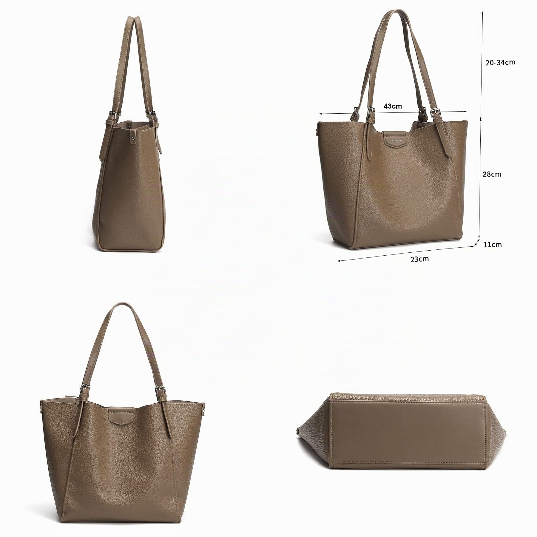 David Jones - Bolso de Hombro Mujer - Bolso de Mano Piel Sintética Suave - Tote Shopper Gran Capacidad A4 Cuero PU - Bolsos Compras Trabajo Asas Largas - 2 Piezas con Embrague - Marrón Topo