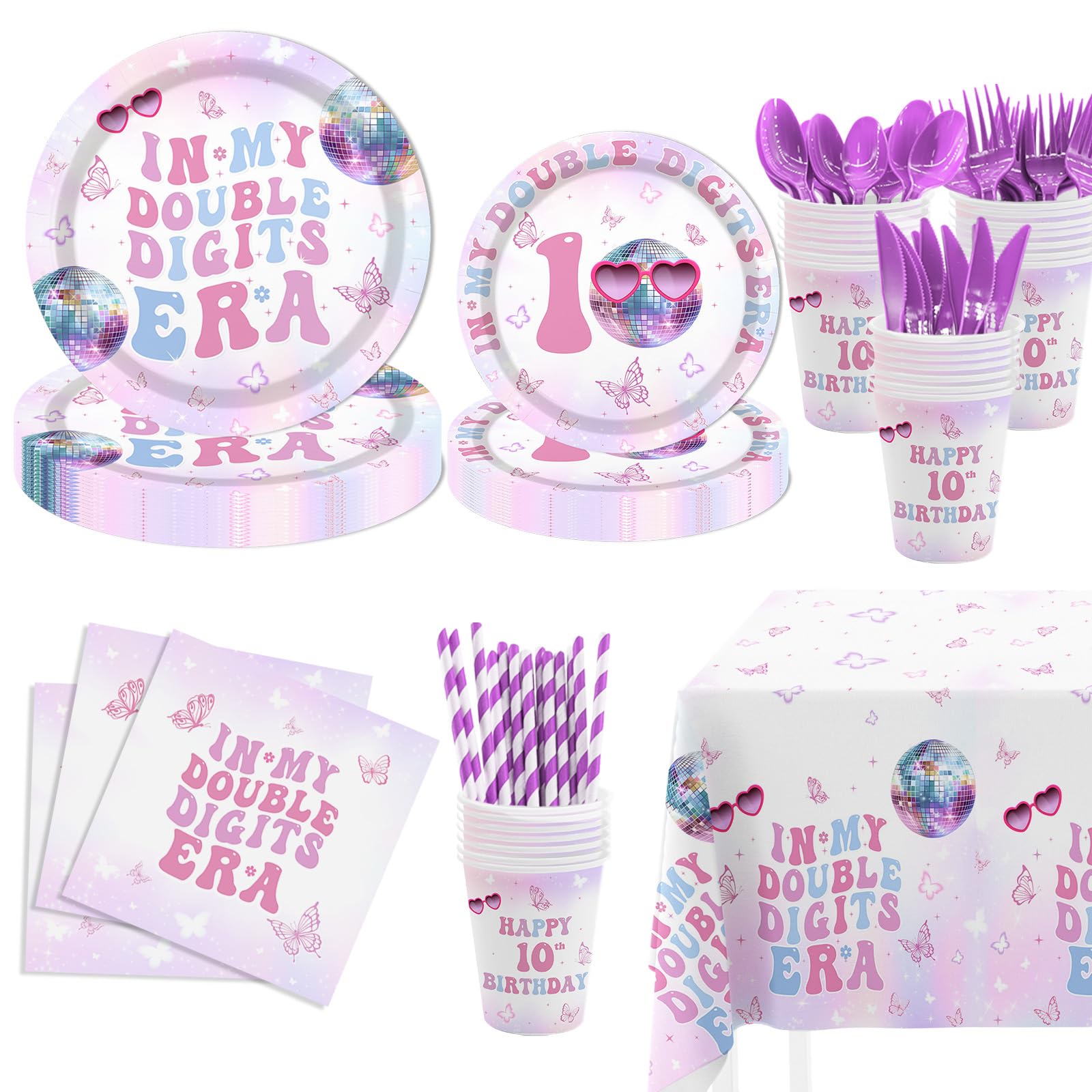 MEHOFOND 193pcs 10th Birthday Party Supplies for Girls, In My Double Digits Era Tableware Set with Plates Napkins Cups Tablecloth, Iridescent Disco