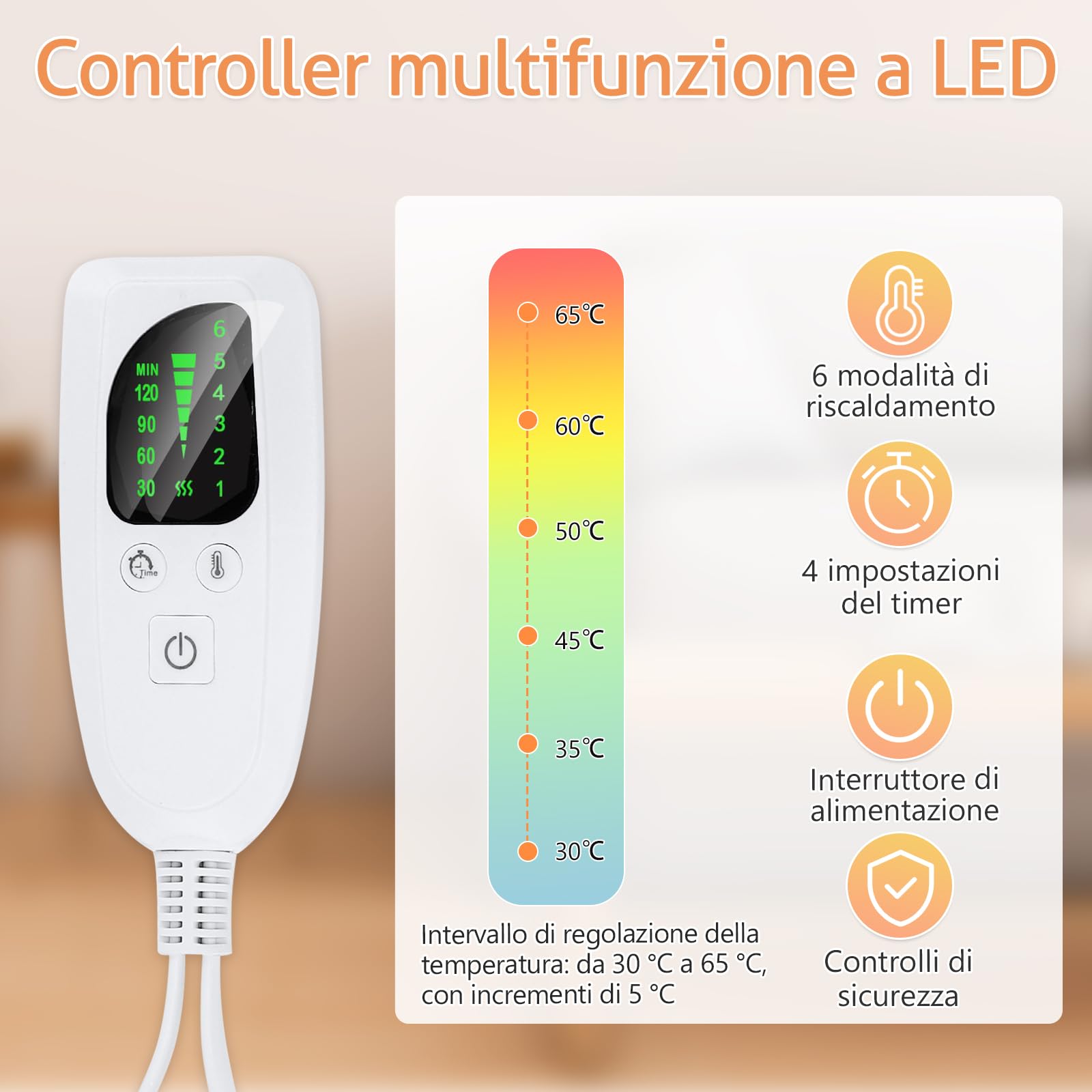 Termoforo Elettrico con 6 Livelli di Temperaturaa, Cuscino Termico Spegnimento, per schiena e addome, termoforo cervicale e spalle, Rapido Riscaldamento, Electro Block di sicurezza, (76x40cm)