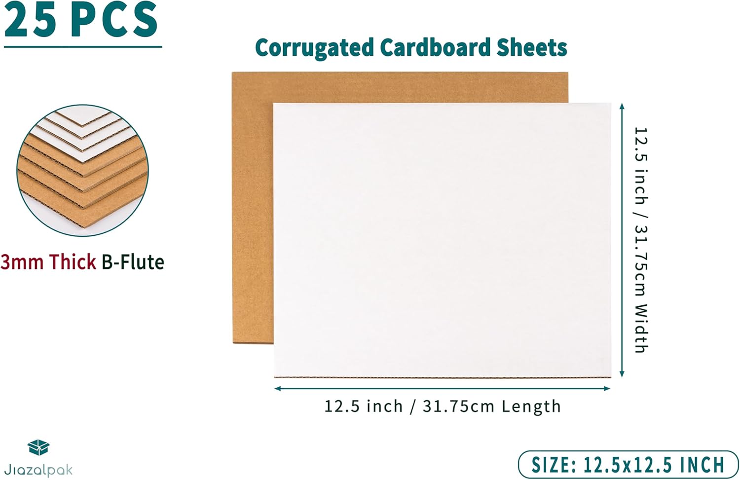 12.5x12.5 Inch Corrugated Cardboard Sheets Insert Pads for 12" LP Record Mailers, 1/8" Thick, One-Side White Protective Pads for Packaging, Crafts & DIY, 25 Pack