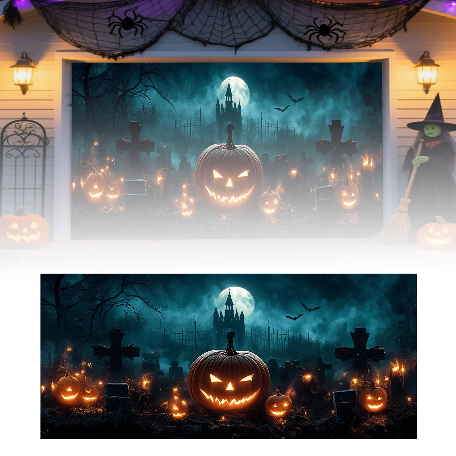 Letrero de Halloween para garaje, grande para exteriores, para fiestas, diseño de calabaza espeluznante, resistente, doble