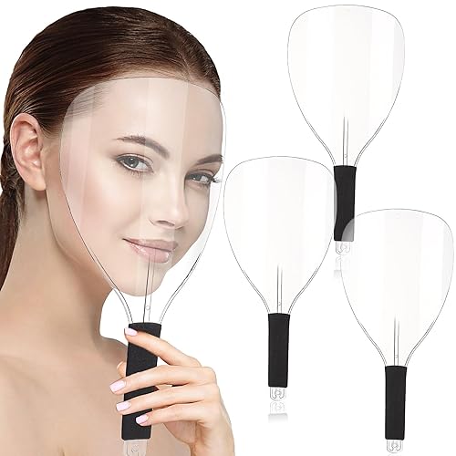 Noverlife Paquete de 3 máscaras faciales de peluquería de plástico con mango de esponja, protector de laca reutilizable para peluquería y maquillaje