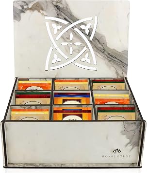 RoyalHouse Premium Wood Hard MDF Tea Storage Box Organizer Marble, Eco-Friendly Multi-Functional Decorative Box, 9 Compartments For Assorted Variety Of Tea Bags and Small Items