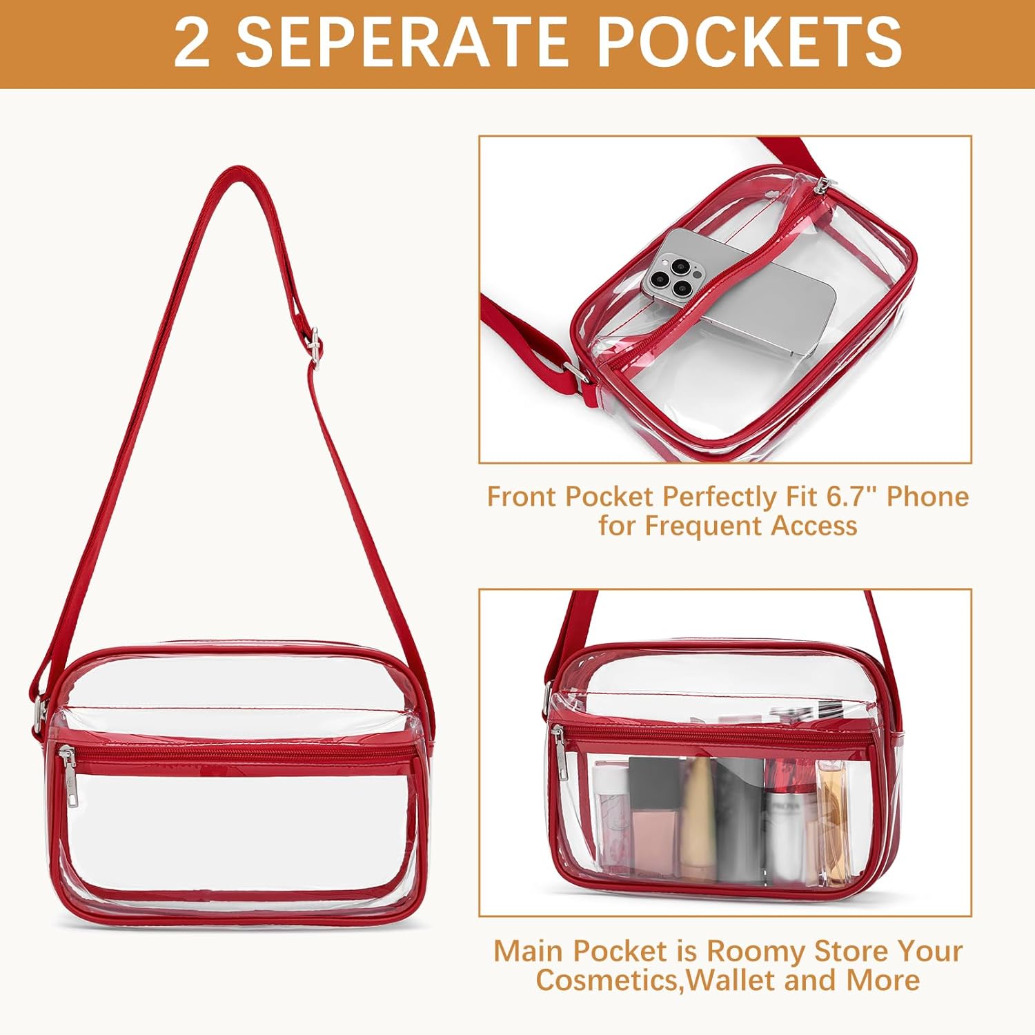 BOSTANTEN Clear Bag for Women Stadium Approved Clear Bags Small Crossbody Purse Trendy for Concerts Sports Events - Image 5