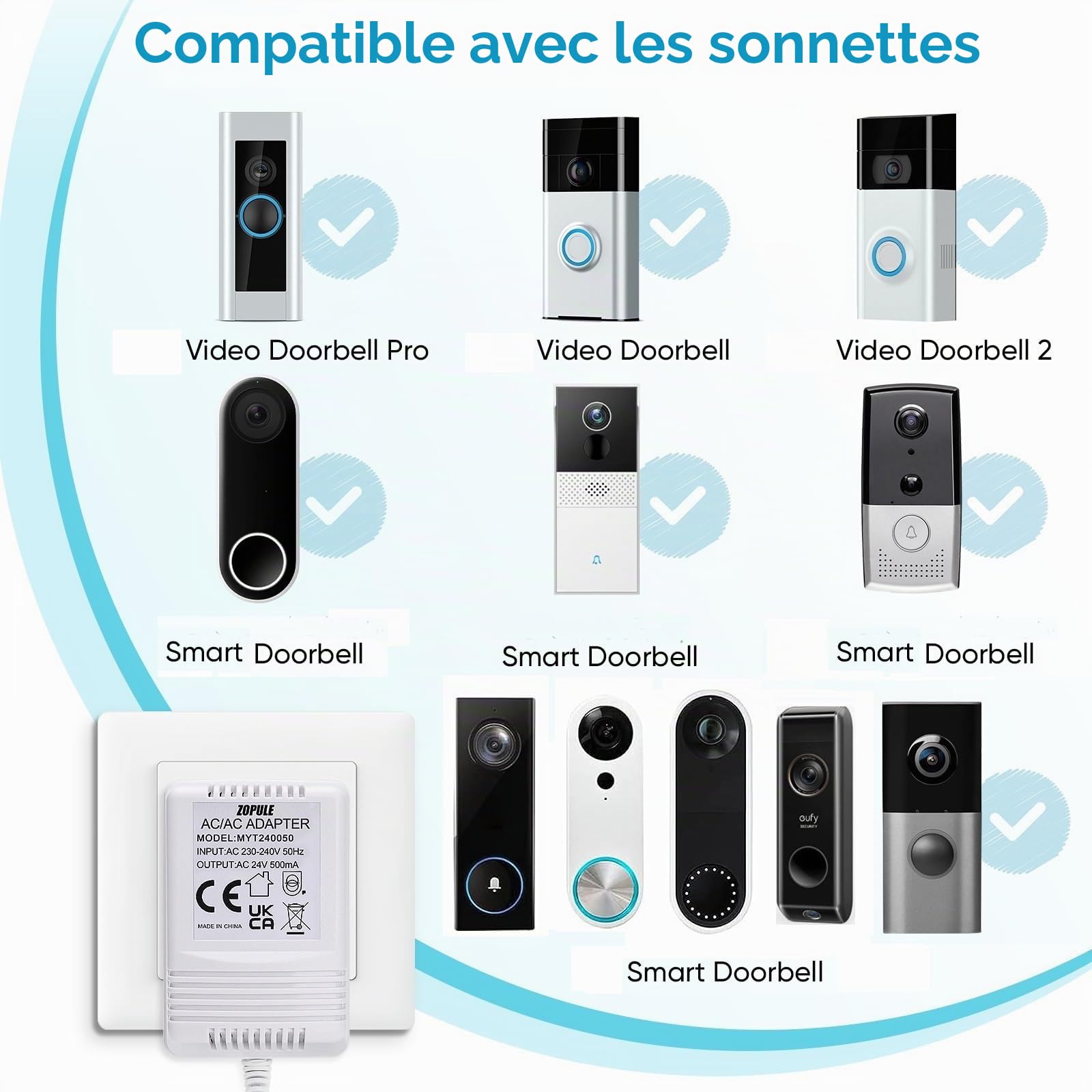 Transformateur de sonnette 24 Volt 500mA compatible avec Ring,Nest, Arlo,Eufy,Nest,Wyze Doorbell,Adaptateur defilen C pour Nest,Ecobee,Sensi,Honeywell Thermostat