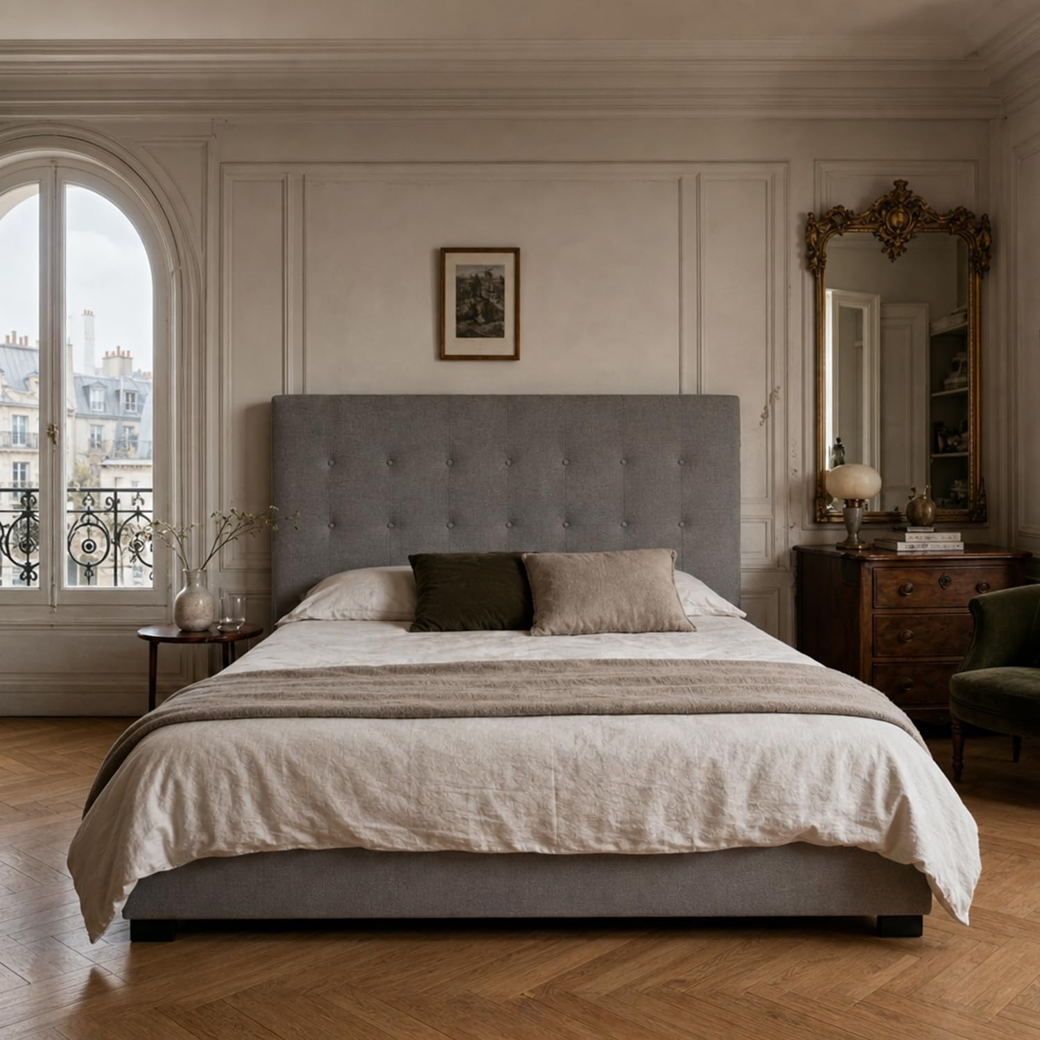Menzzo Tête de lit Luxor 160 cm – Tissu Taupe capitonné – Design Chic Contemporain – Tête de lit rembourrée pour lit Double – L160 x P8 x H120 cm