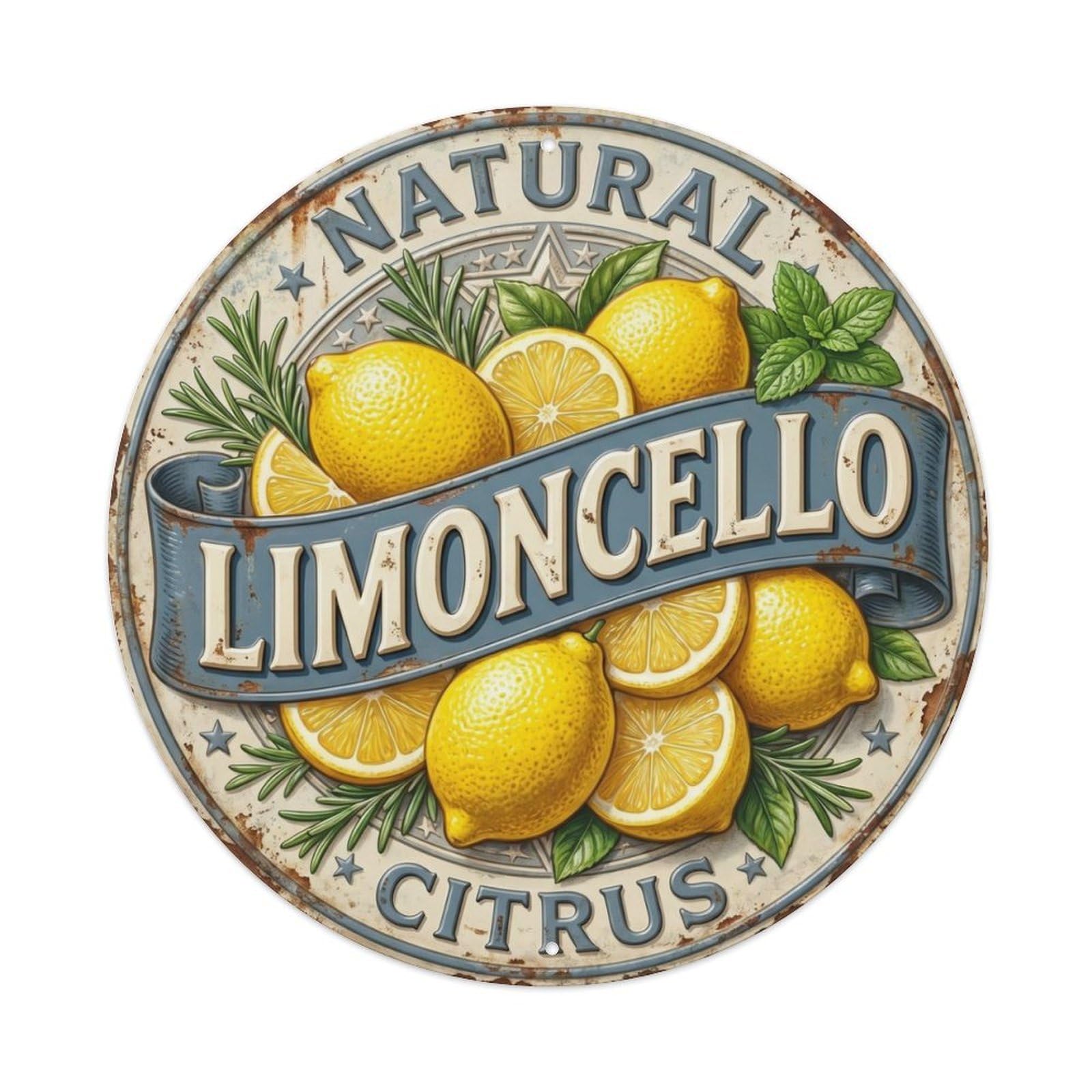 Fqcyn Style Natural Citrus Limoncello Metal Tin Sign Plaque Wall Decor For Cafe, Club Bar, Office, Home Garden Round Metal Poster 8X8inch