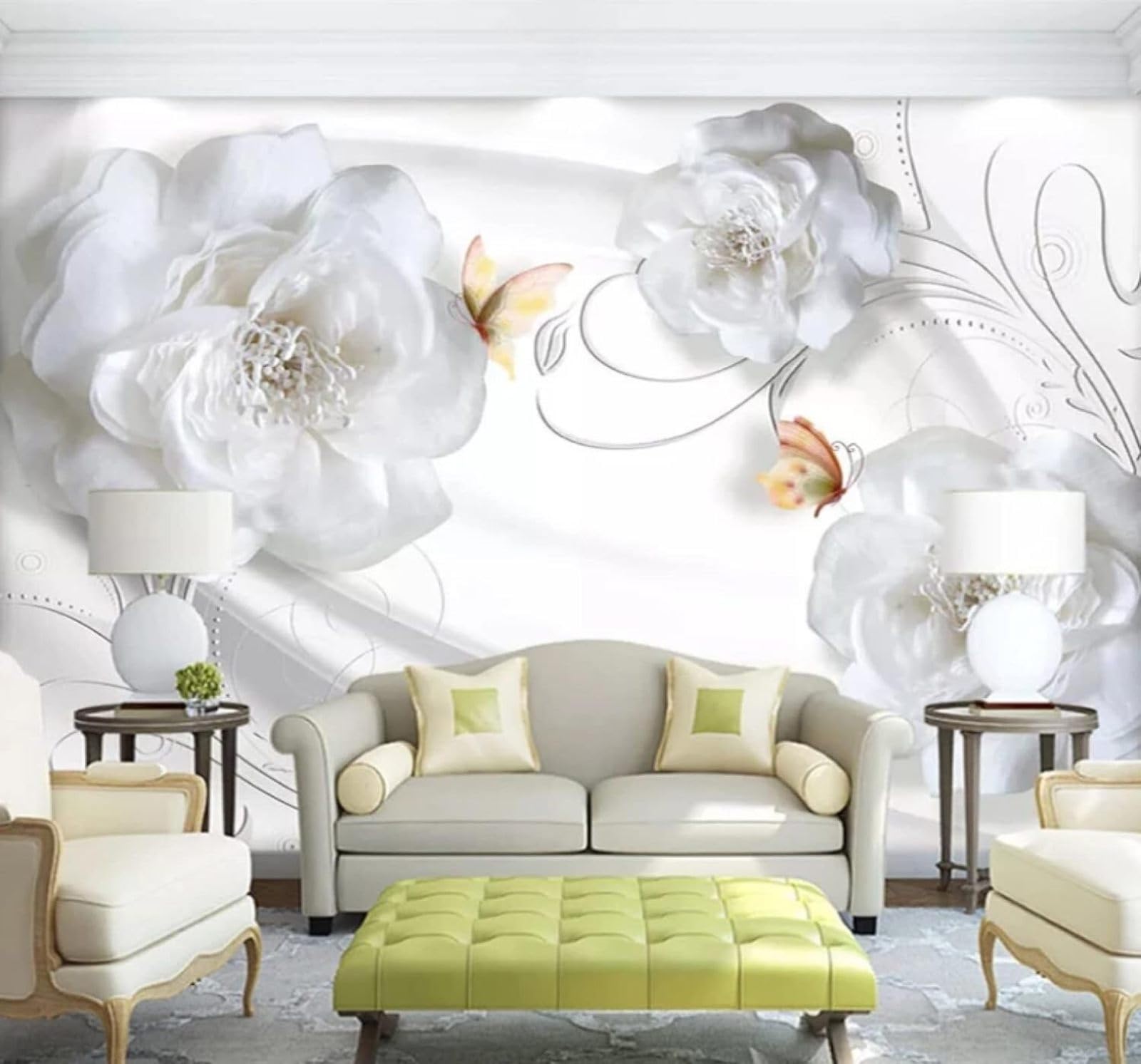 XLMING Minimalist Exquisite White Flowers Butterflies 3D Wallpaper Luxury Silk Study Dining Feature Sofa Grey Bedroom Living Room Tv Decorative Wall-250cm×170cm