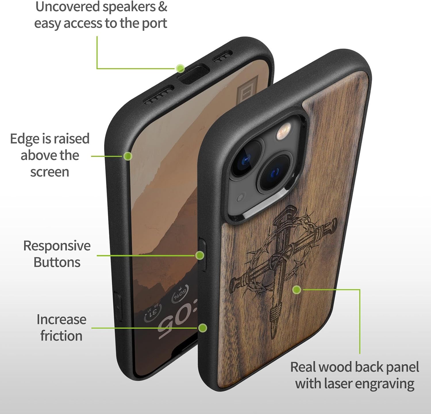 Carveit Magnetic Wood Case for iPhone 14 Plus Case [Natural Wood & Black Soft TPU] Shockproof Protective Cover Unique Wooden Case Compatible with magsafe (Crucifix Nails -Walnut)