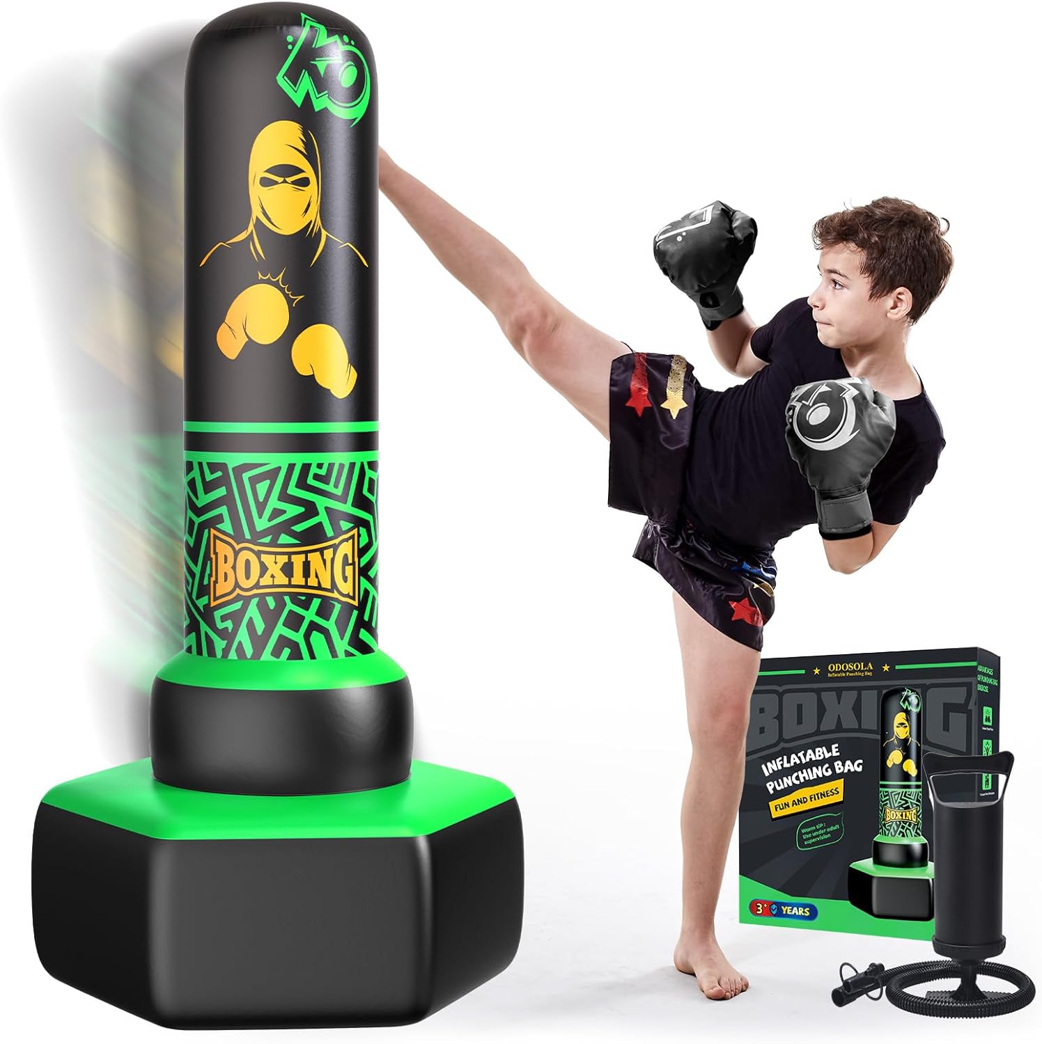 67'' Inflatable Punching Bag Freestanding for Kids Aged 3-12 – Heavy Duty Boxing Set for Karate & Taekwondo, Stable Boxing Bag Active Kids Toy, Christmas Birthday Gift for Boys and Girls