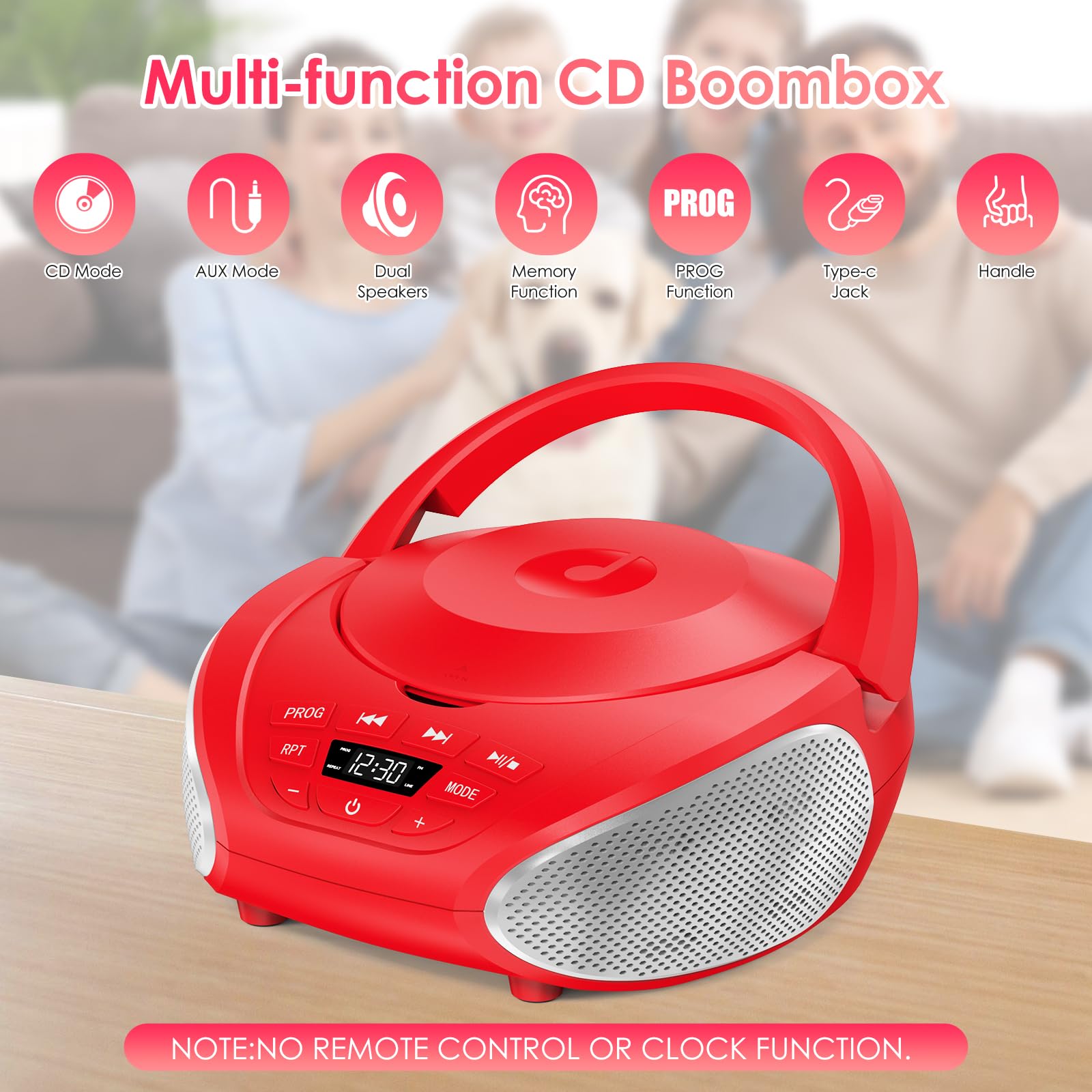 Gueray Tragbarer CD-Player Boombox Kompakt-Radio mit Stereo-Lautsprechern UKW-Radio 3,5-mm-AUX-Eingang, Kopfhöreranschluss und LCD-Display für Innenräume Outdoor Reisen & Hörbücher (Rot)