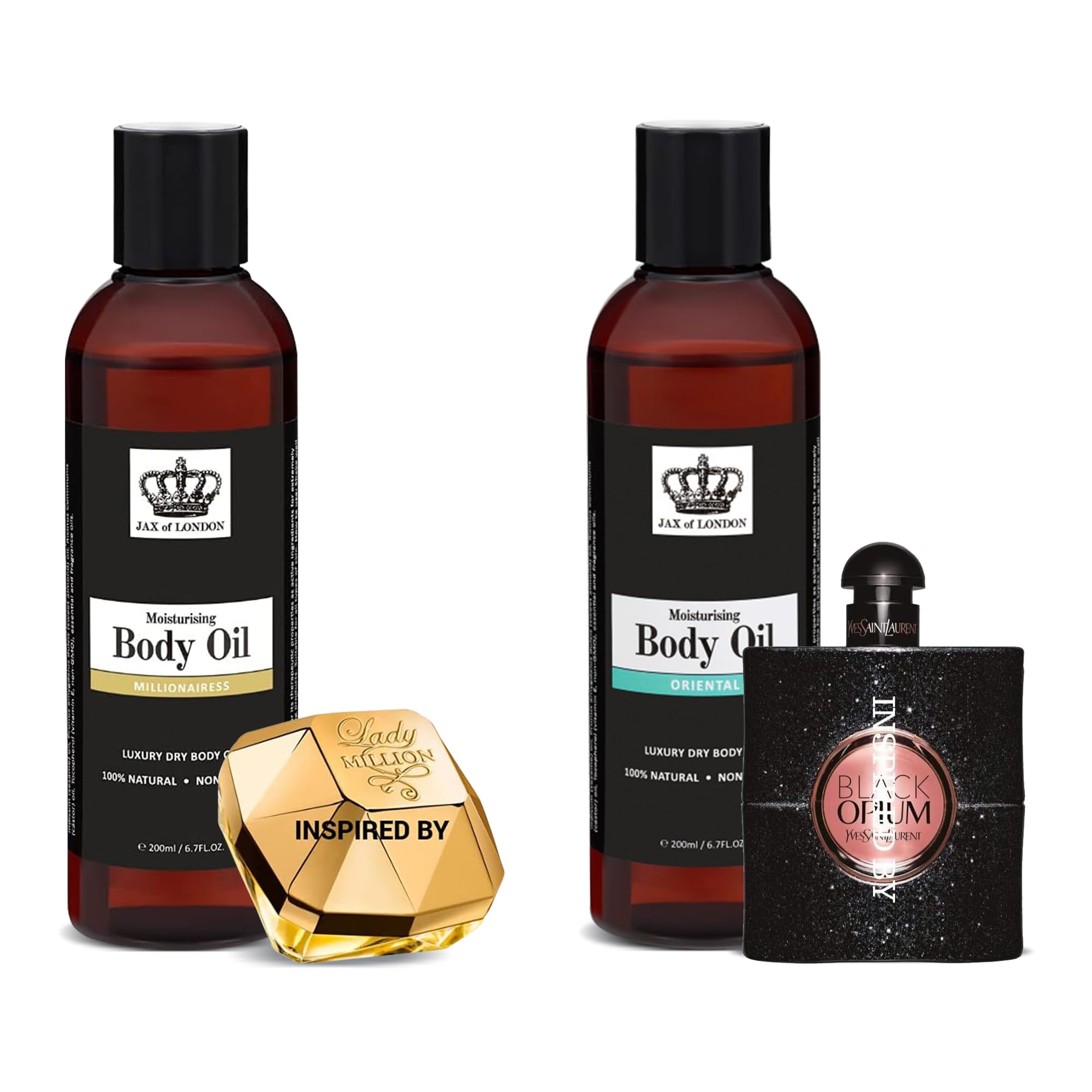 Jax of London Millionaires and Oriental Body Oil Two Pack 400ml Set Body Oil, Inspired Fragrance, for Skin Body, Hair, Shower