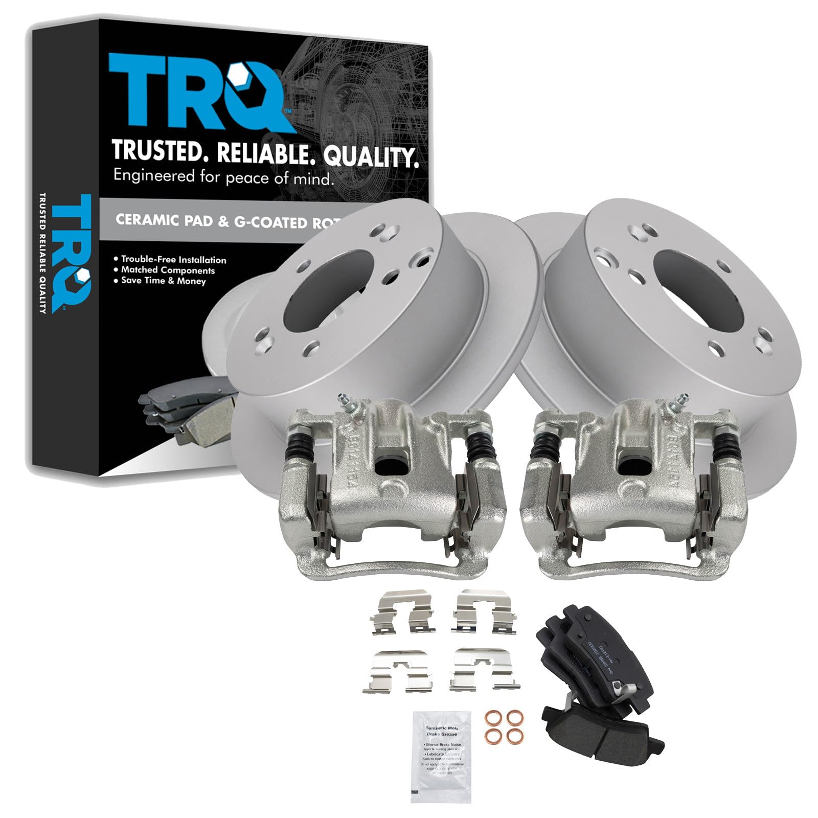 TRQ Rear Brake Pad and Rotor Set Ceramic G Coated Rotors Calipers