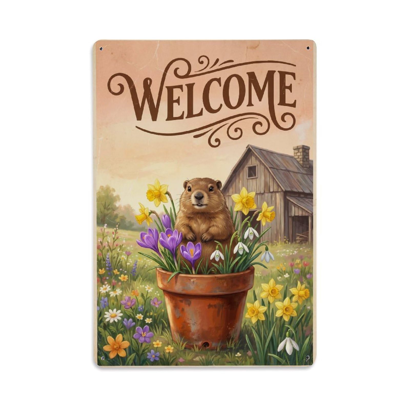 Cxhjca 8X12inch(20X30cm) Vintage Welcome Groundhog Peaceful Place Metal Tin Sign