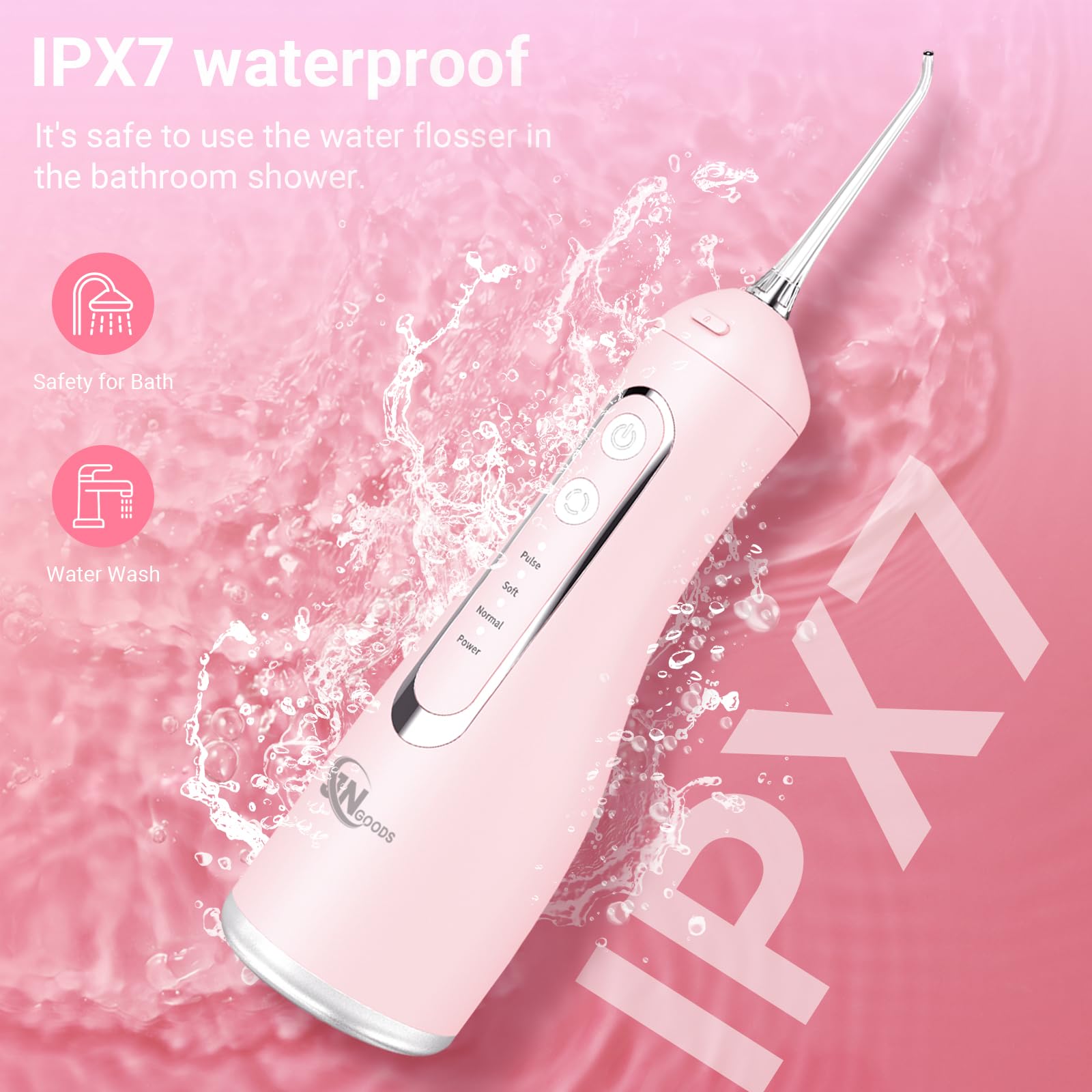 JNGOODS JNGOODS - Irrigador bucal inalámbrico de agua, 300 ml, recargable para dientes, IPX7, impermeable, 4 modos, irrigador oral portátil con 4 puntas de chorro, uso doméstico de viaje (rosa)