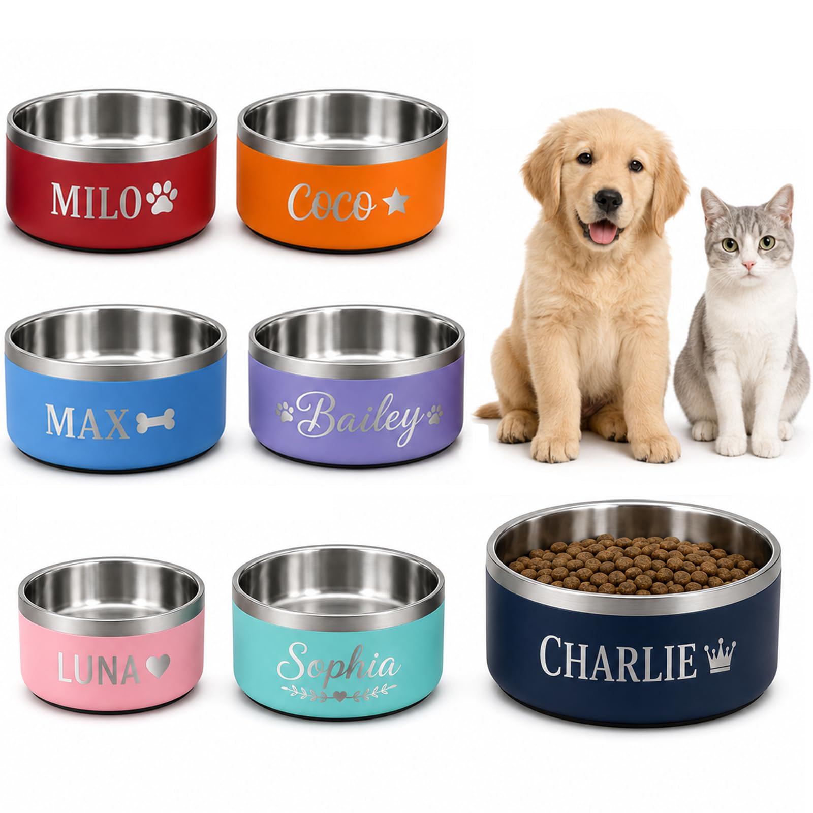 Personalised Dog Bowl with Name Engraved Stainless Steel Pet Dish