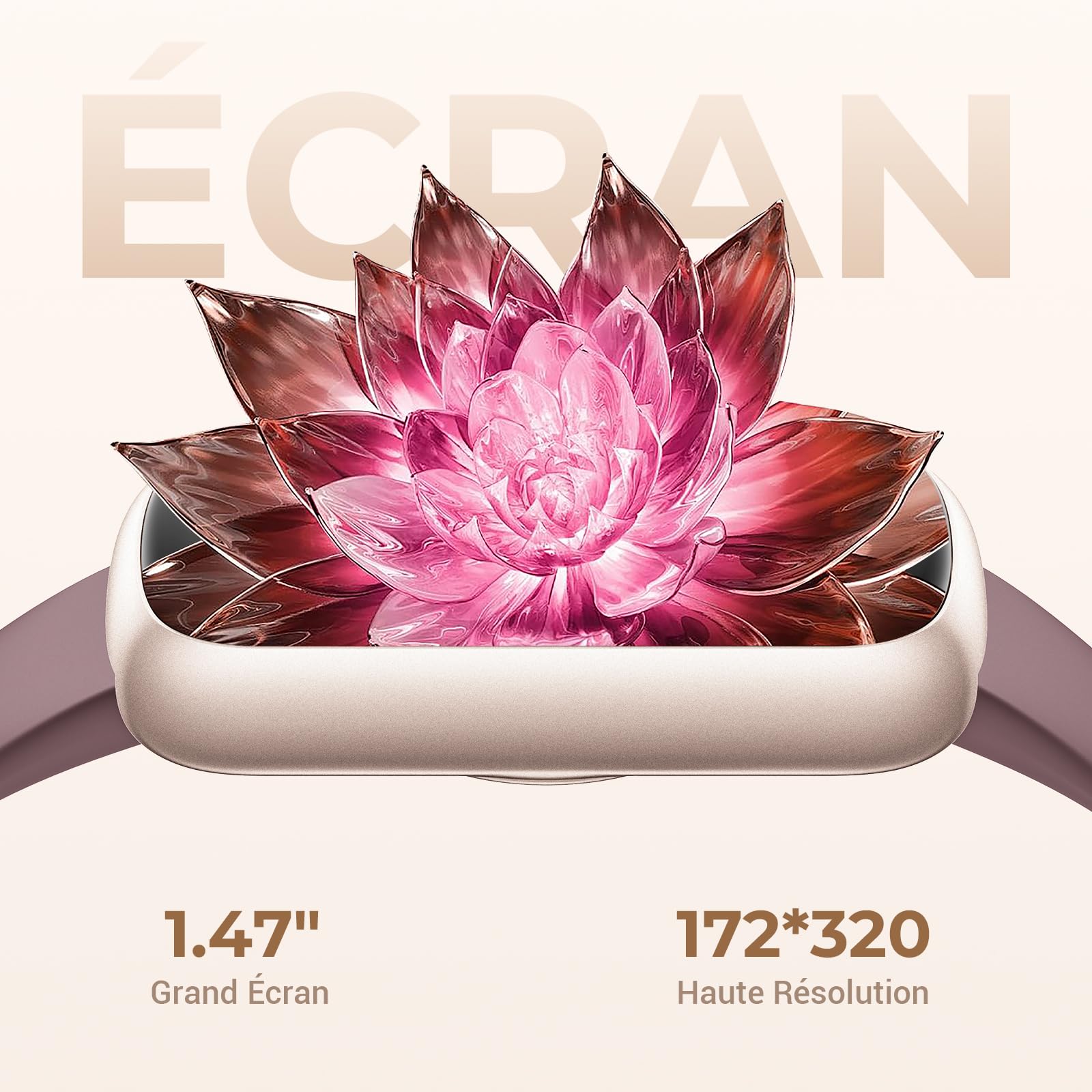 Montre Connectée Femme Homme Petit, 1,47'' Bracelet Connecté avec Fréquence Cardiaque, SpO2, Suivi Sommeil, Montre Podometre, Etanche 3ATM Smartwatch pour Android iOS, Or Rose Mat/Violet Fumé