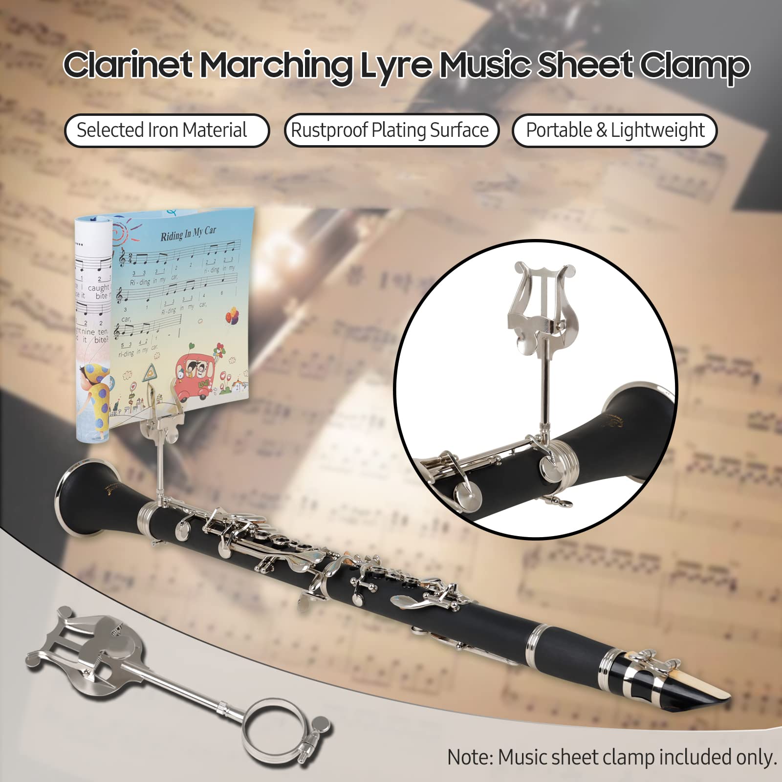 ACAGALA Clarinet Marching Lyre Portable Music Stand Music Sheet Clip Iron Clamp on Holder