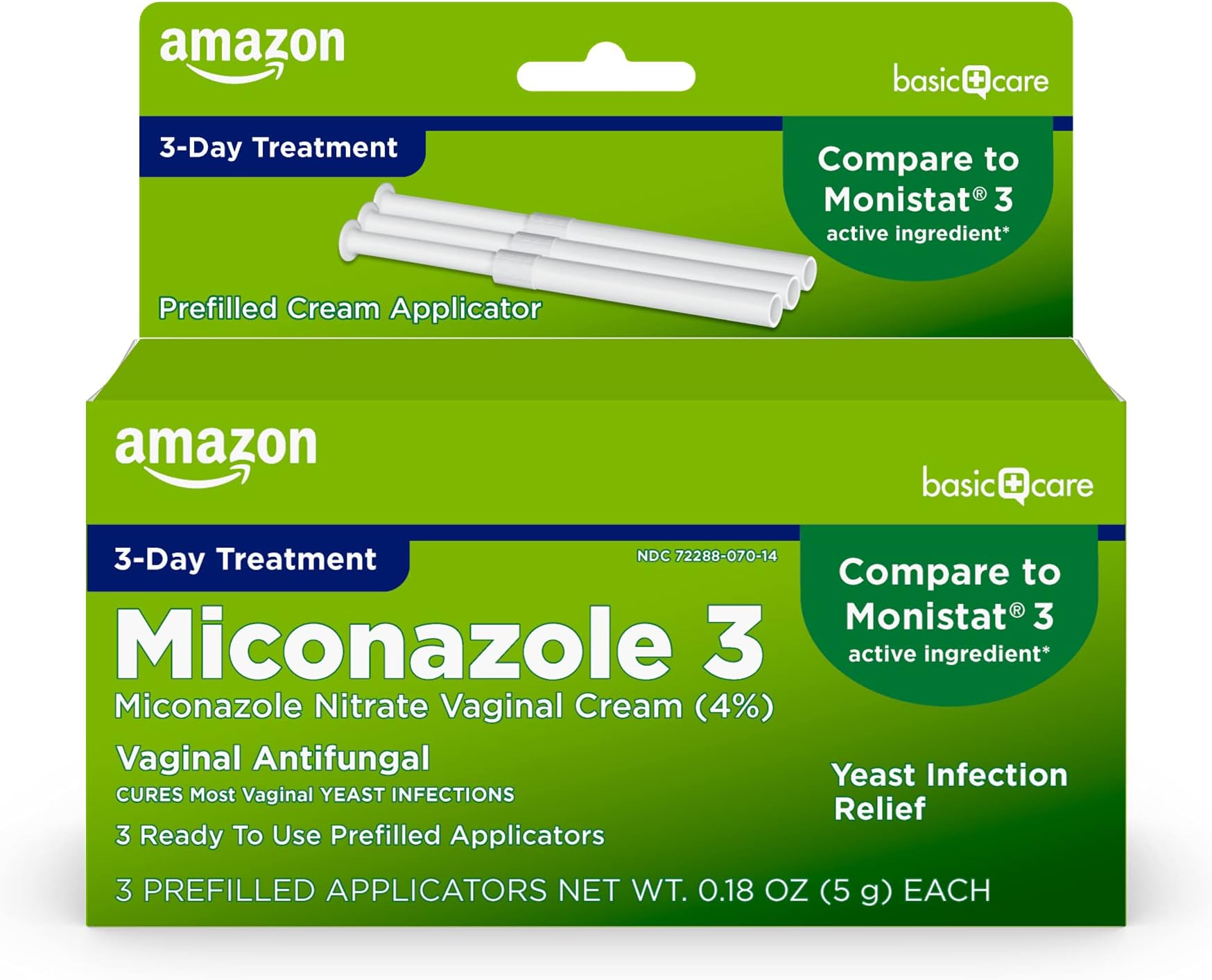 Amazon Basic Care Miconazole Nitrate Vaginal Cream (4 Percent), 3-Day Yeast Infection Treatment for Women with Prefilled Applicators, 0.18 ounce, 3 count