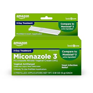 Amazon Basic Care Miconazole Nitrate Vaginal Cream 4 Percent 3-Day Yeast Infection Treatment for Women with Prefilled Applicators