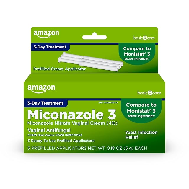 Amazon Basic Care Miconazole Nitrate Vaginal Cream 4 Percent 3-Day Yeast Infection Treatment for Women with Prefilled Applicators