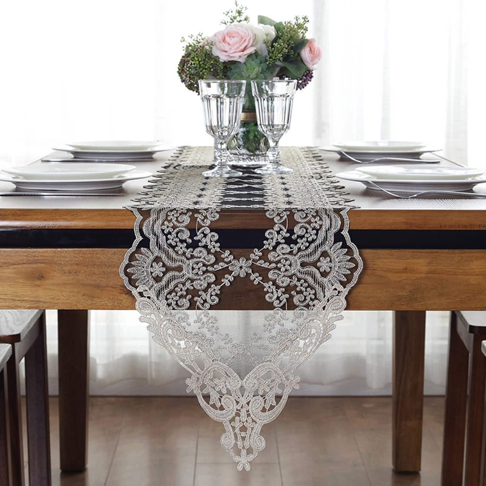 Table Runner Herbst, Tischläufer Vintage Spitze Schwarz 30x150CM Dreieckige Schwarze Mesh-Stickerei Polyester Tischdeko Wohnzimmer Küche