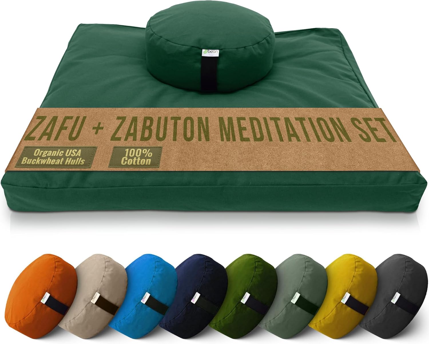 Bean Products Meditation Cushion Mat Set - Zafu Floor Pillow Organic Buckwheat Pillow + Cotton Filled Zabuton Prayer Pad - Meditation Pillow Yoga Knee Pad - Made in USA - 14" Round or 18" Oval