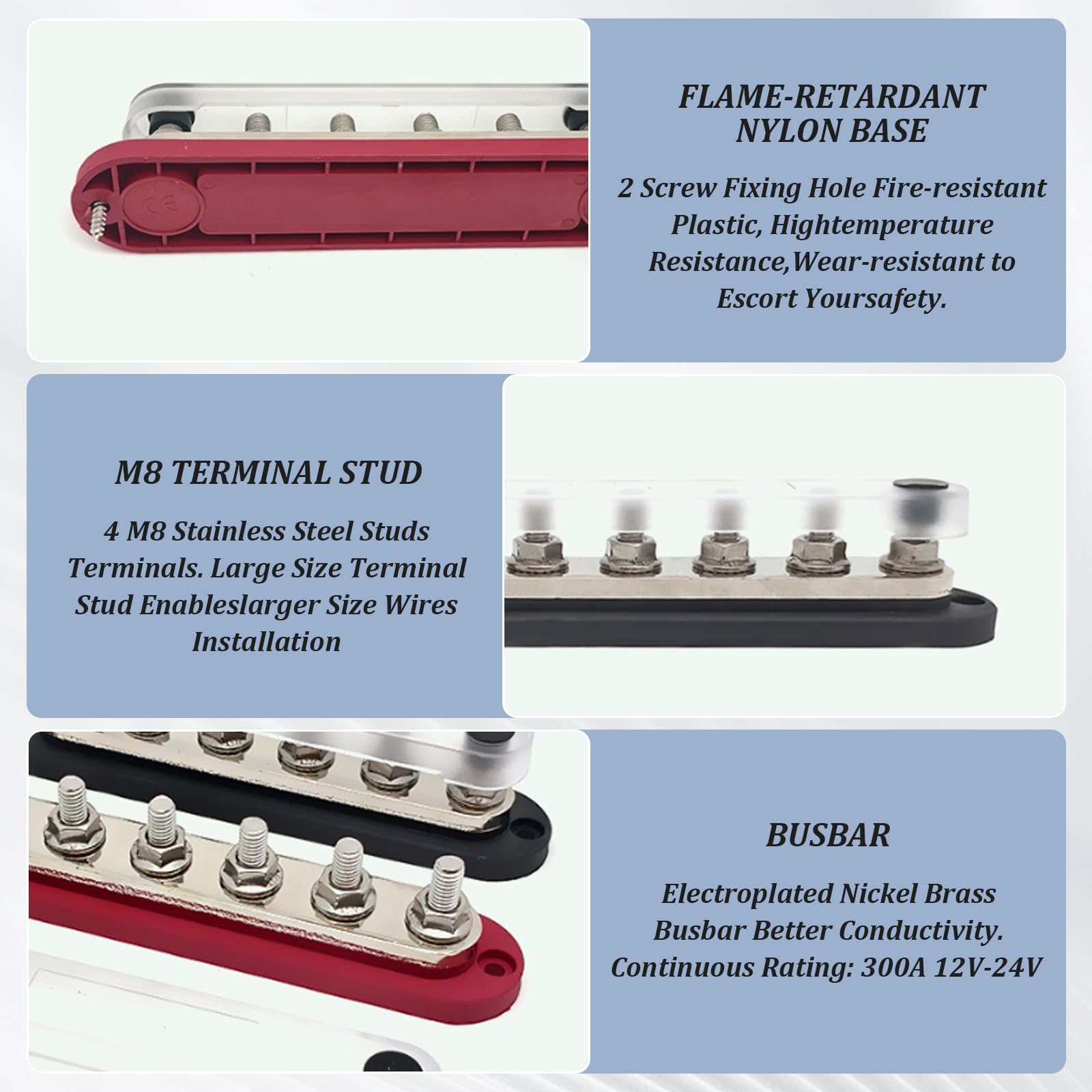 2 Stück 300A Batterie-Sammelschiene 12V-24V Sammelschiene Verteilerblock Stromverteilungsblock Kupfer Busbar mit 6xM8 Bolzen Klemmleisten Busbars für Auto Marine RV Wohnmobil Lkw Elektrik