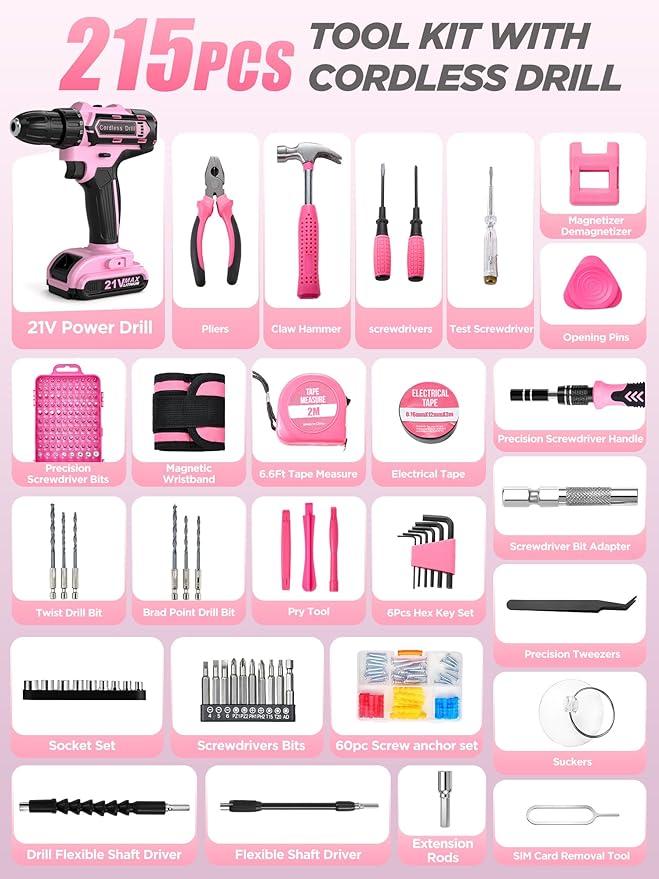 Taladro Atornillador Inalámbrico Rosa 21V con Maletín y Cinturón Magnético miniatura 2