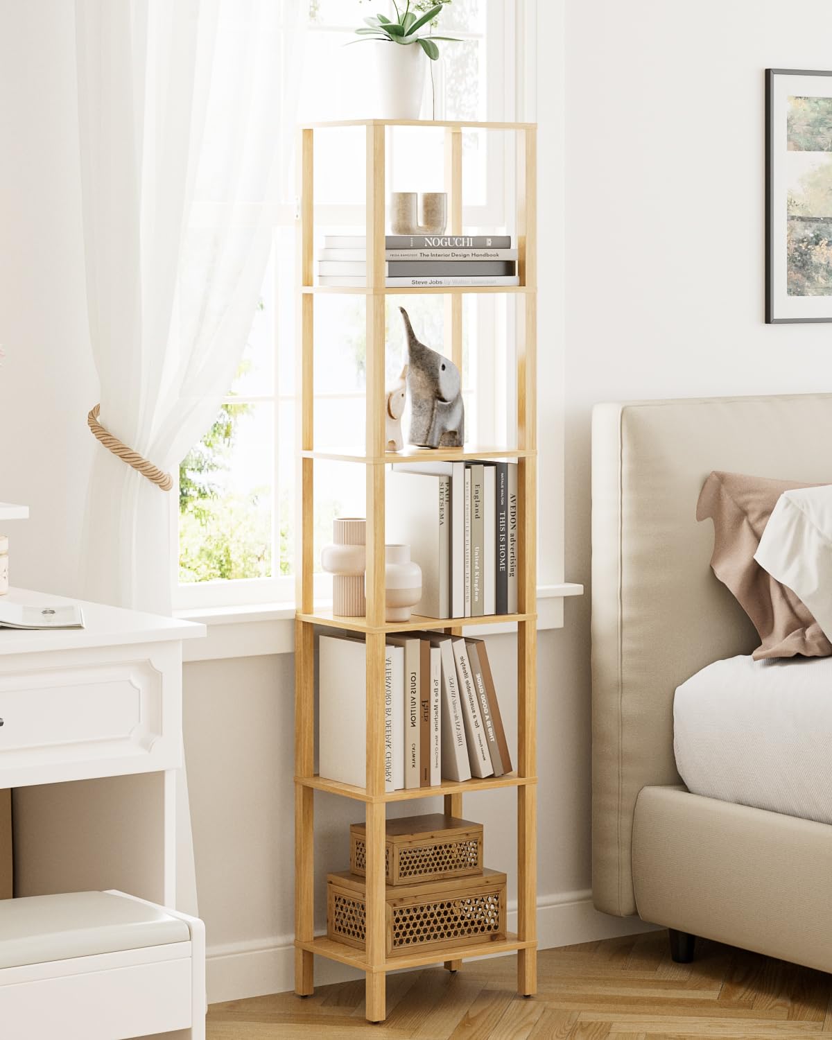 Bücherregal, Regal Schmal mit 6 Ebenen, Küchenregal mit offenen Regalen, 38 cm x 27 cm x 167 cm, Standregal für Wohnzimmer, Büro, Arbeitszimmer, Eiche
