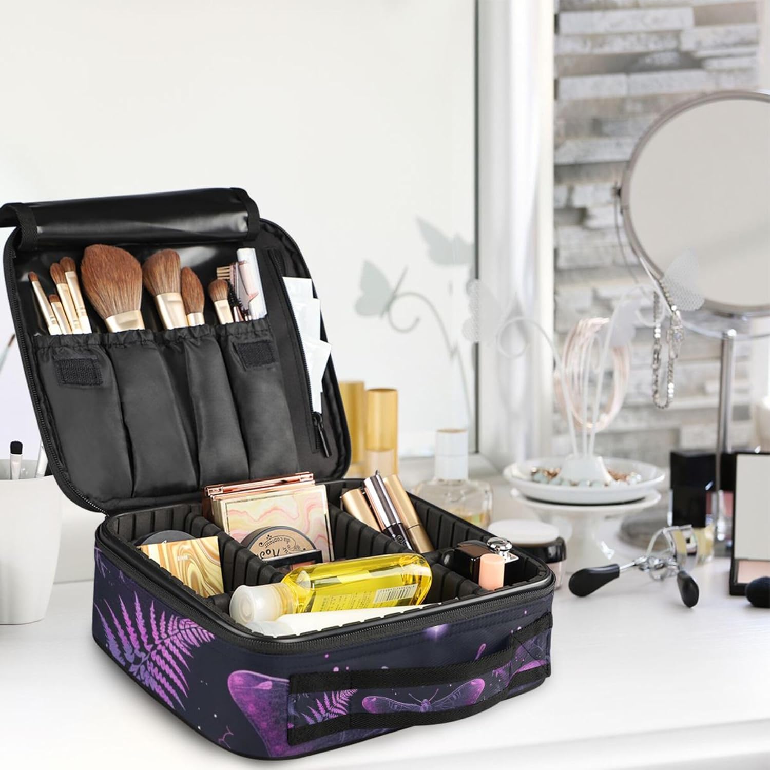 MNSRUU Travel Makeup Bag, Gothic Skull Butterfly Women Makeup Case Organizer Cosmetic Toiletry Bag for Teenage Girl with Adjustable Dividers