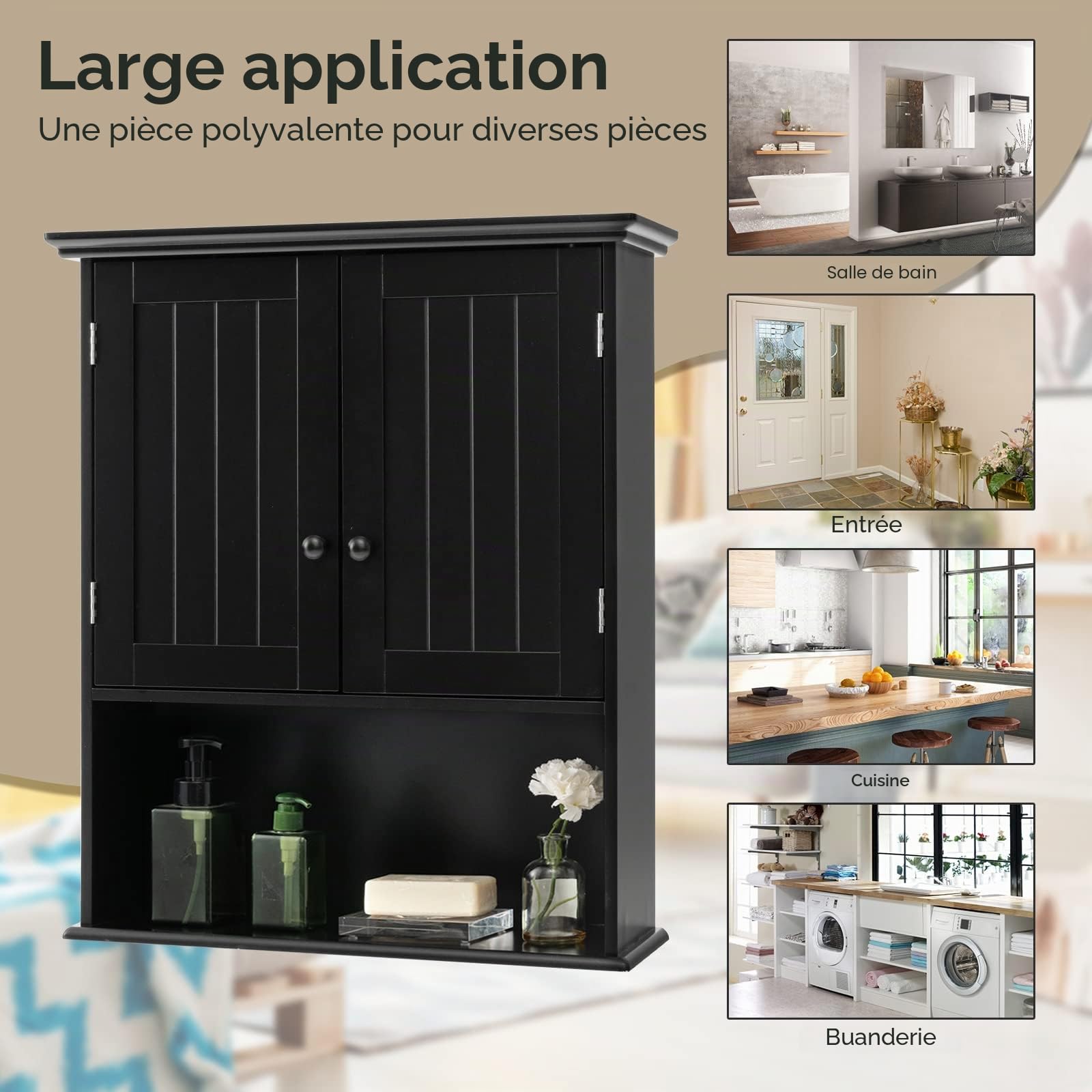 GIANTEX Armoire Salle de Bain Suspendue en Bois, Armoire Murale avec 2 Porte, Étagère Réglable, Compartiment Ouvert, Placard Murale pour Toilette, Cuisine, Entrée, 60 x 20 x 71 CM (Noire)